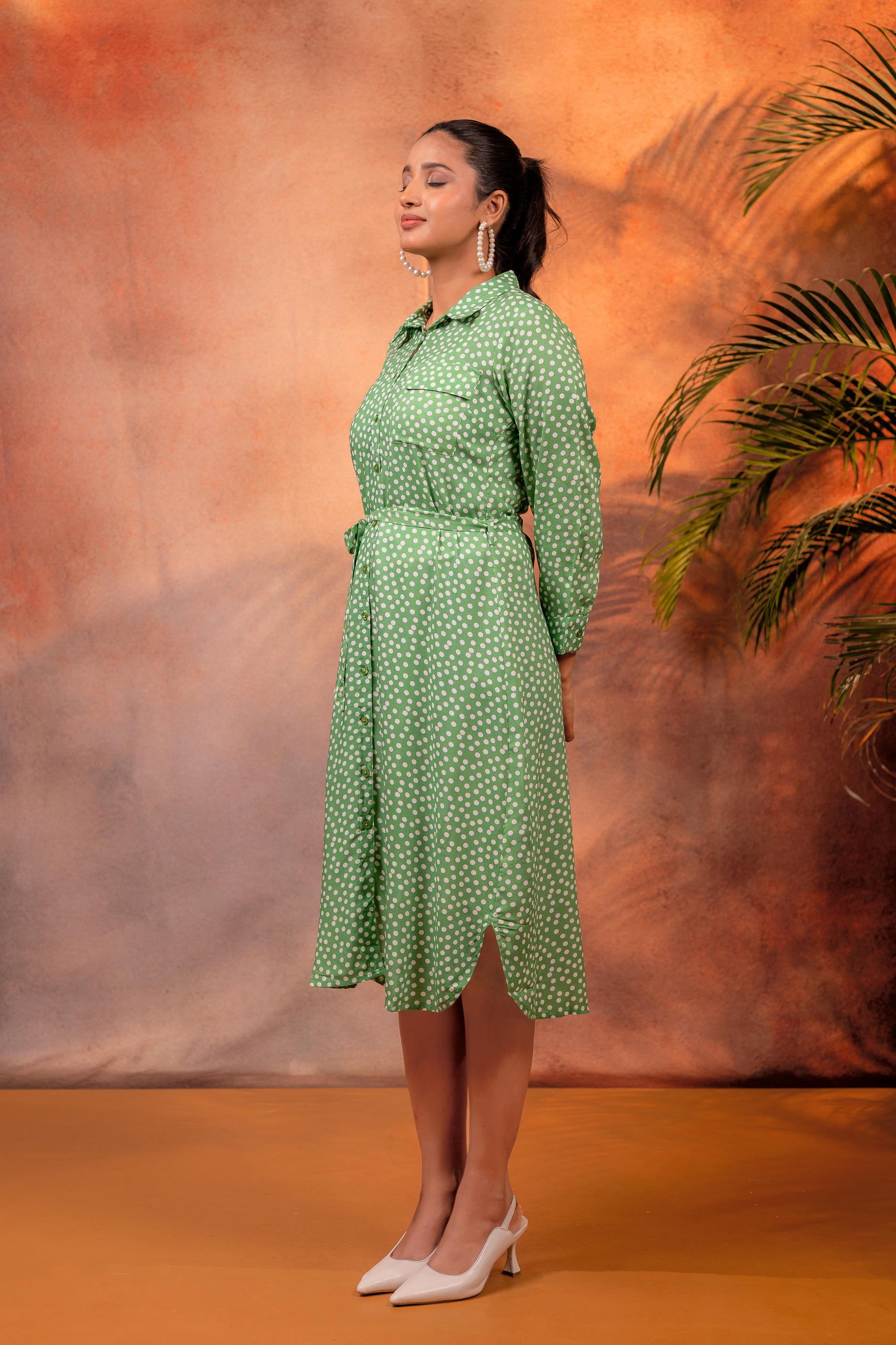 Lamora Green Polka Dot Shirt Dress with Waist Tie