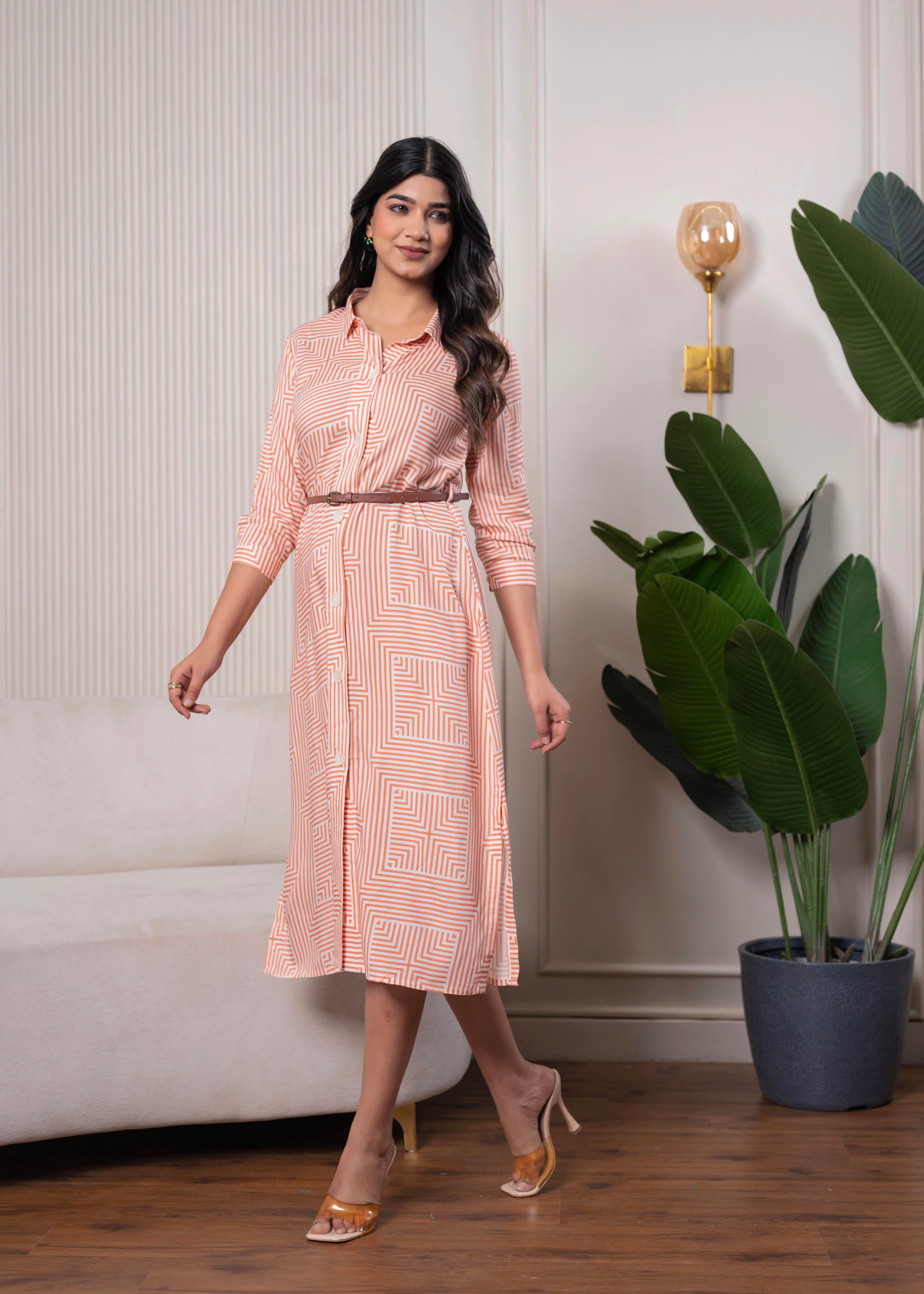 Lamora Peach & White Geometric Button-Down Midi Shirt Dress with Waist Belt