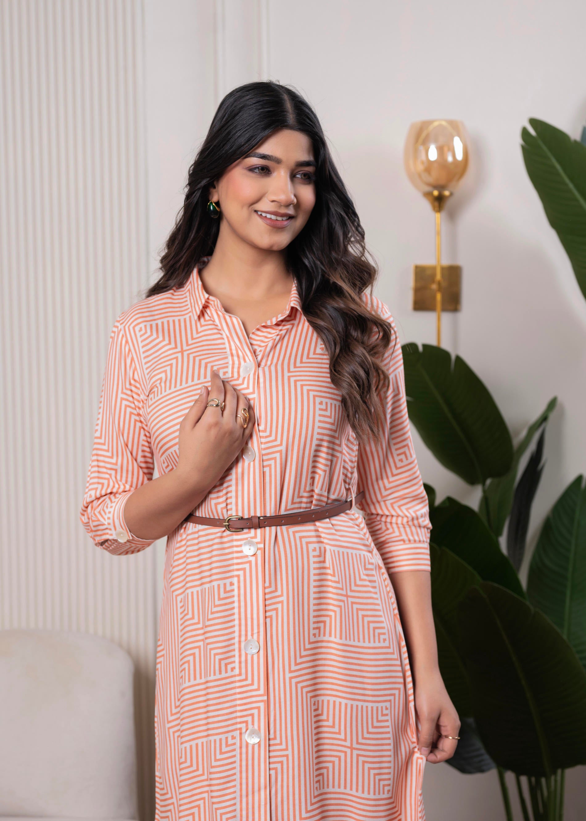 Lamora Peach & White Geometric Button-Down Midi Shirt Dress with Waist Belt