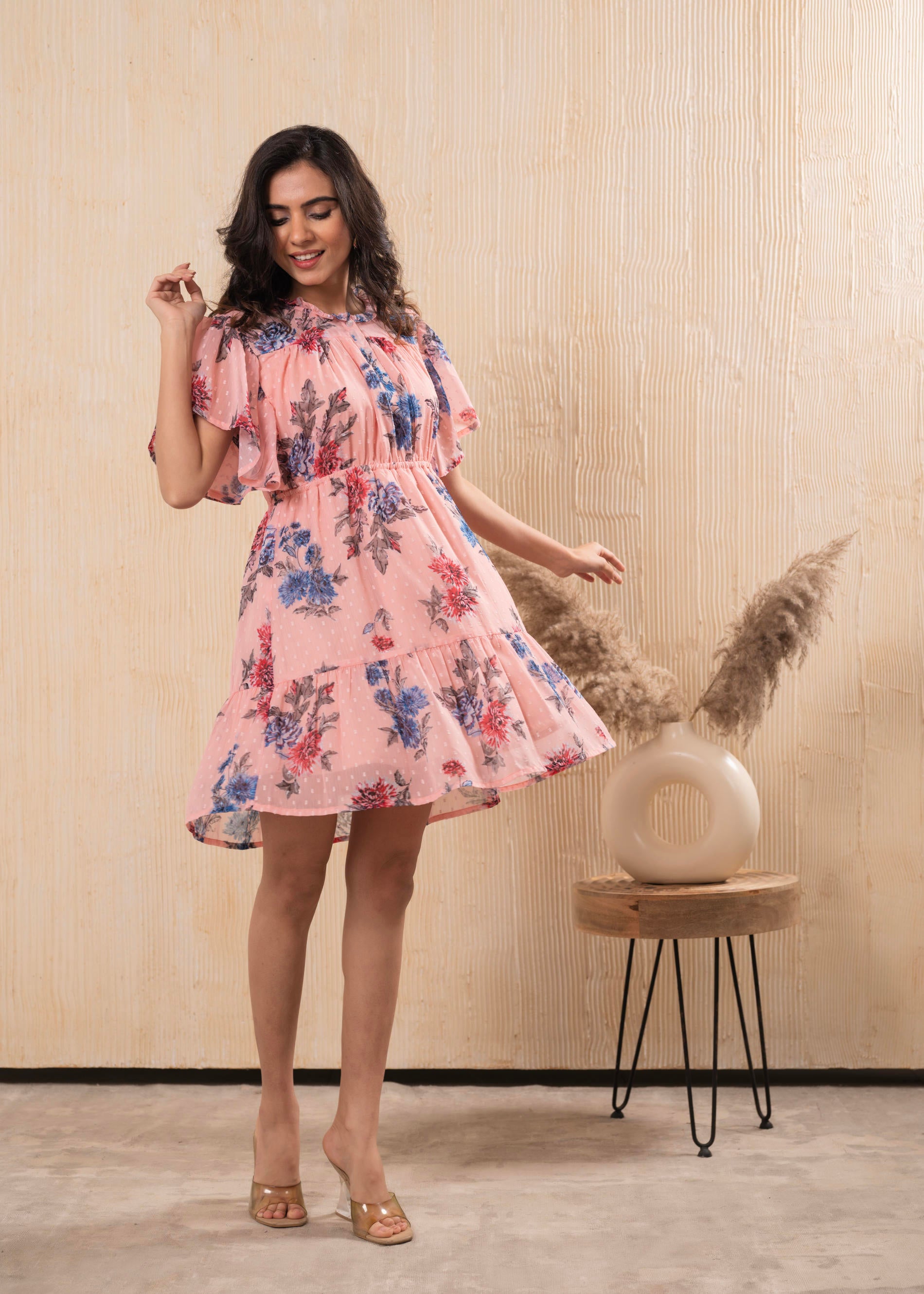 Lamora Peach Bloom Ruffle Tier Dress