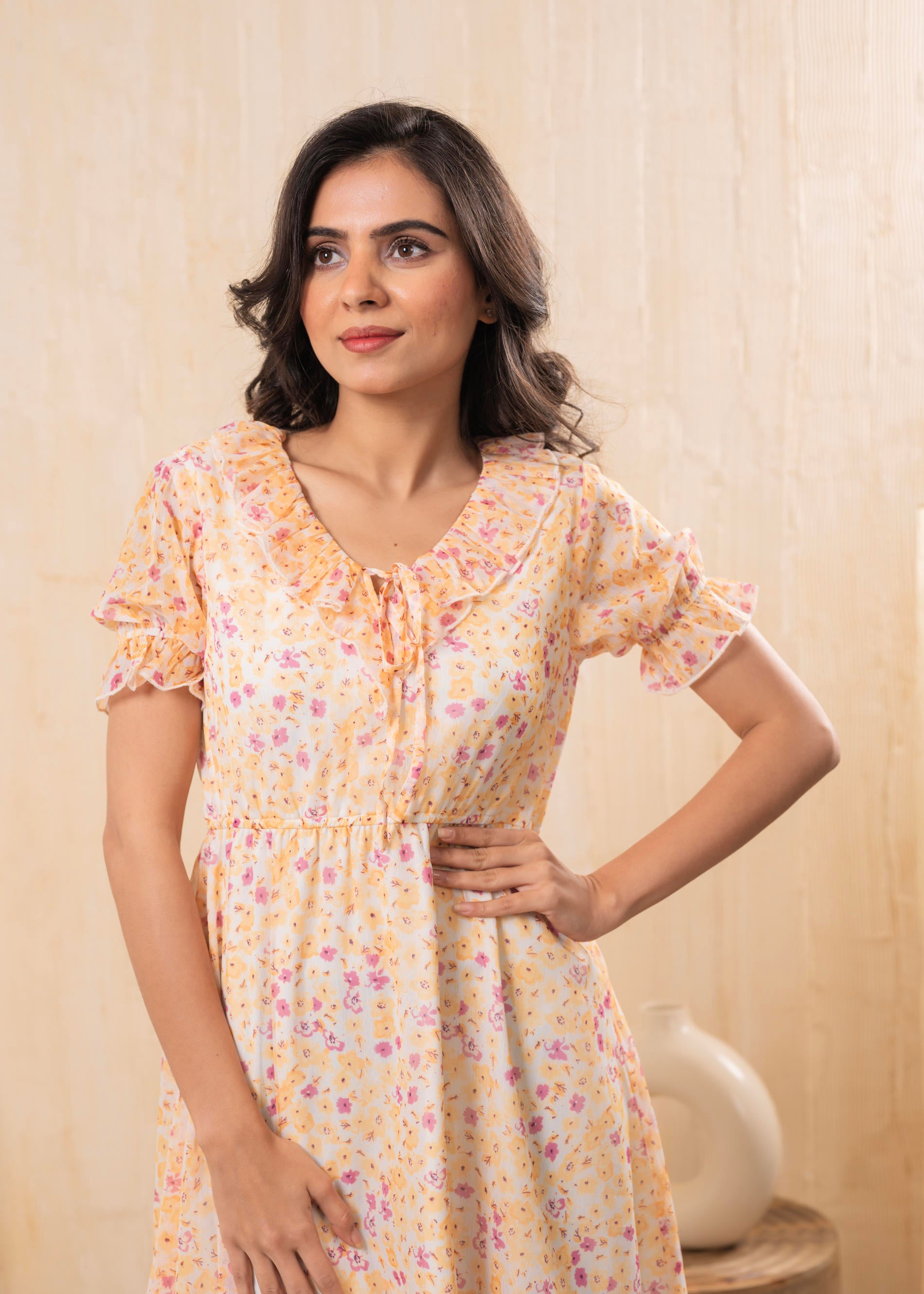 Lamora Pastel Peach Floral Fit & Flare Short Dress