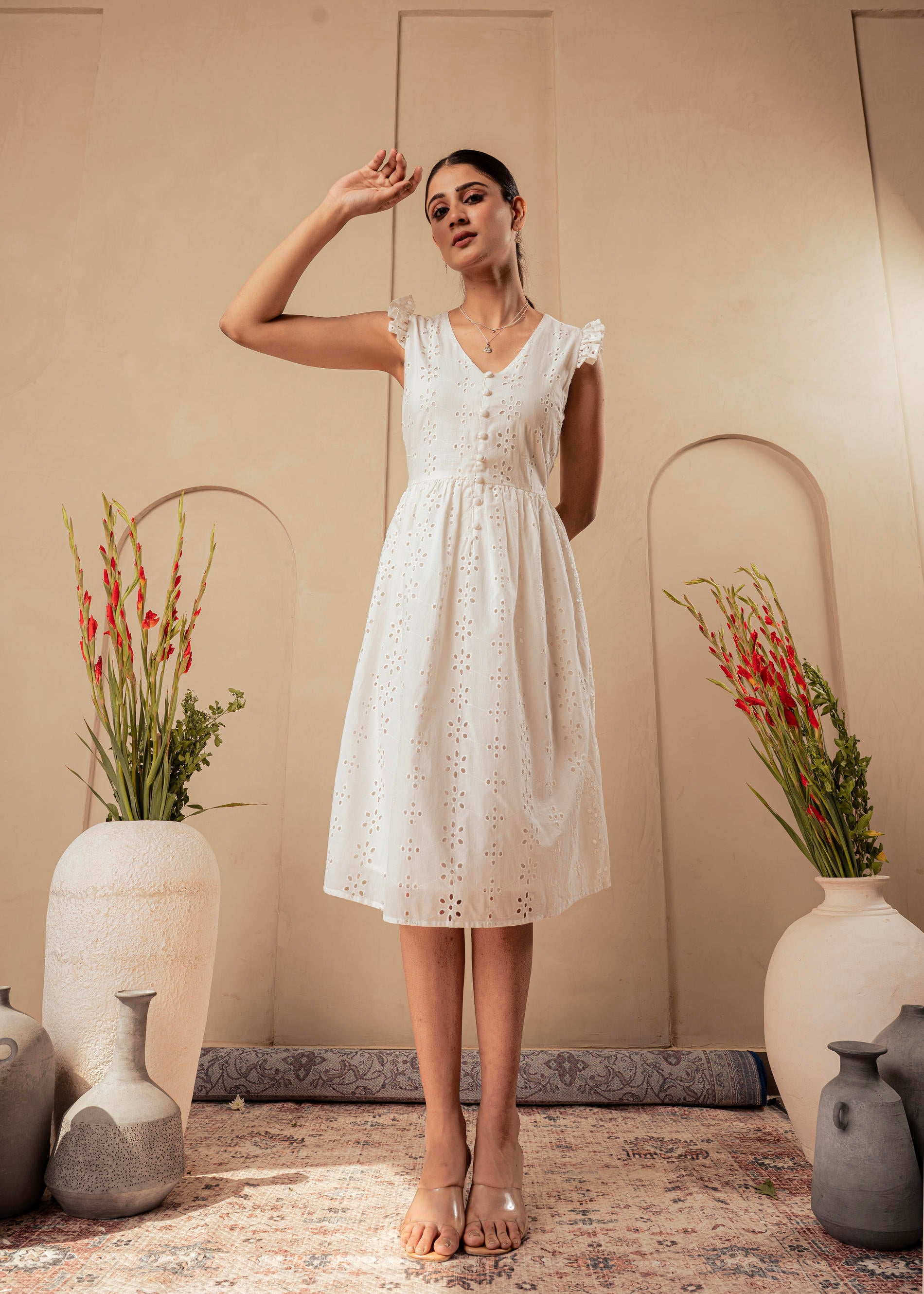 Lamora Cotton Midi Dress with Ruffled Sleeves