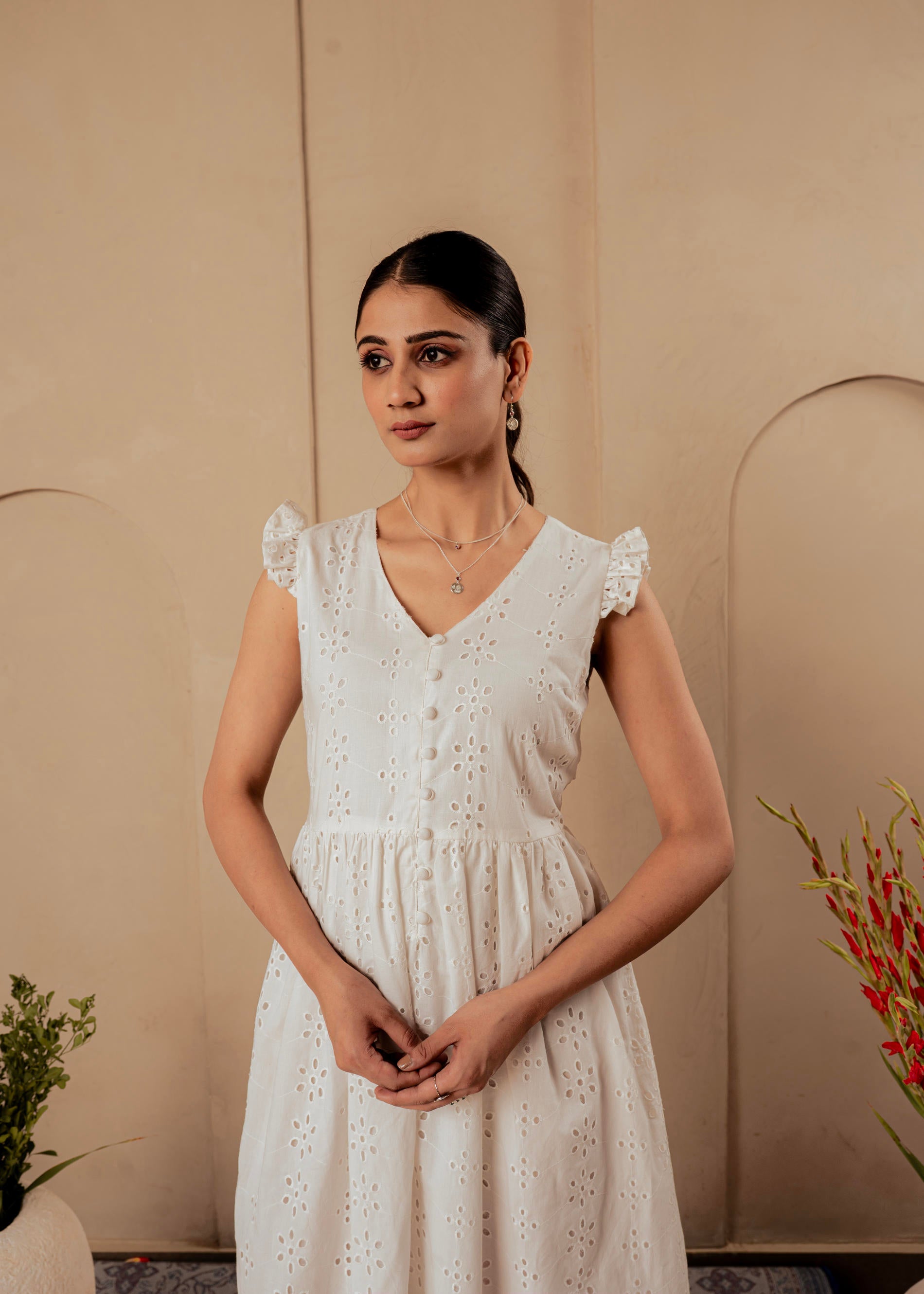 Lamora Cotton Midi Dress with Ruffled Sleeves