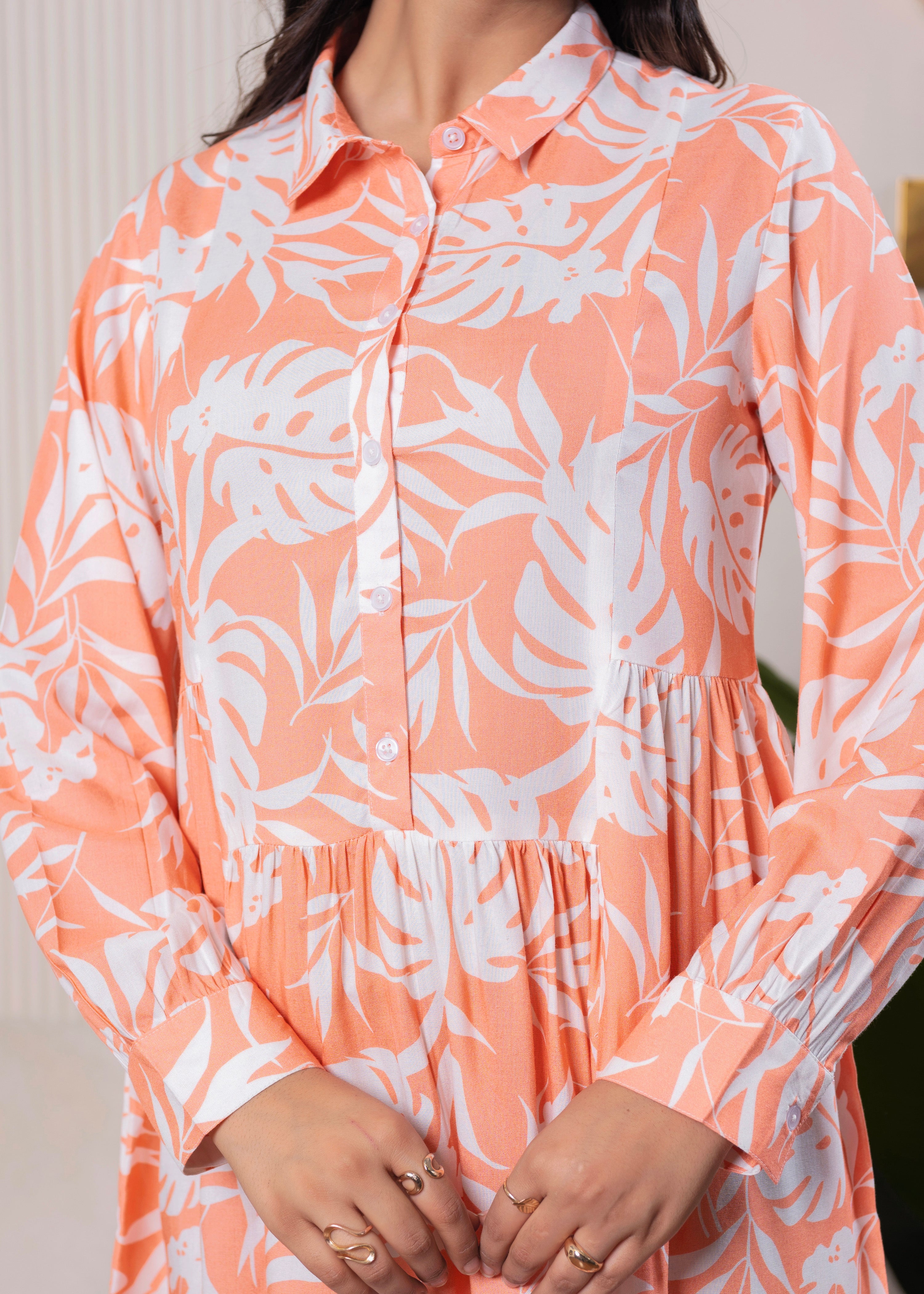 Lamora Orange Leaf Breeze Shirt Dress