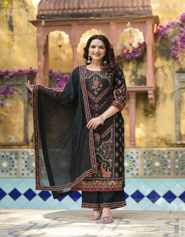 Women Viscose Rayon Kurta Palazzo Dupatta Set