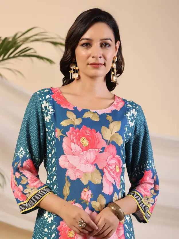 Blue Rayon Floral Printed Straight Kurta