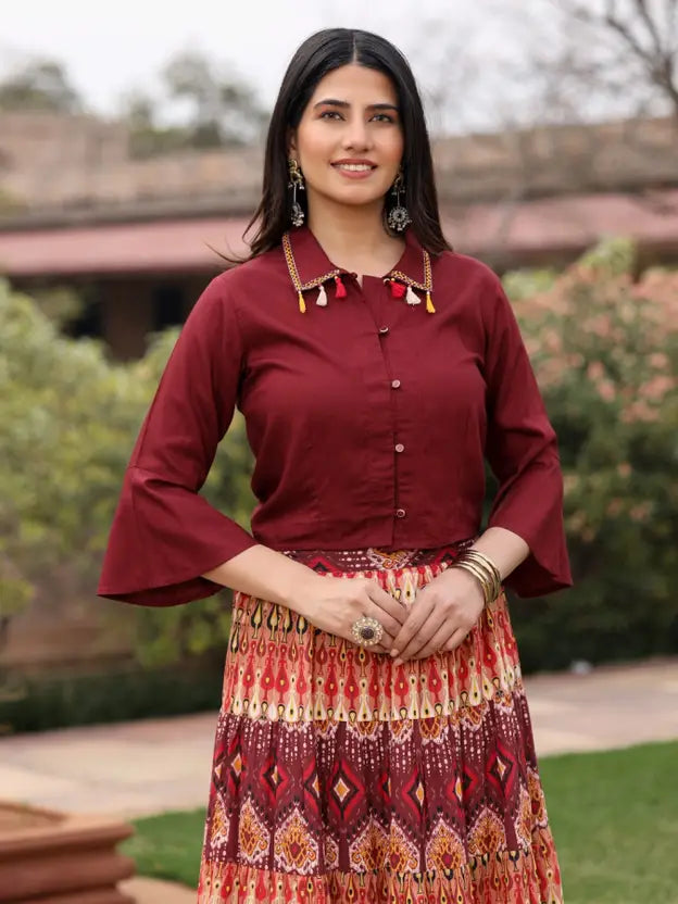Women Viscose Rayon Shirt Skirt Set
