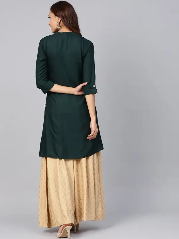 Women Solid Viscose Rayon Asymmetric Kurta (Dark Green)