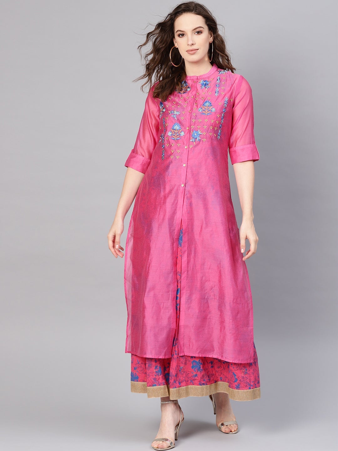 Juniper Fuchsia Chanderi Ethnic Motif Printed Layered Maxi Dress With Thread Work Embroidery