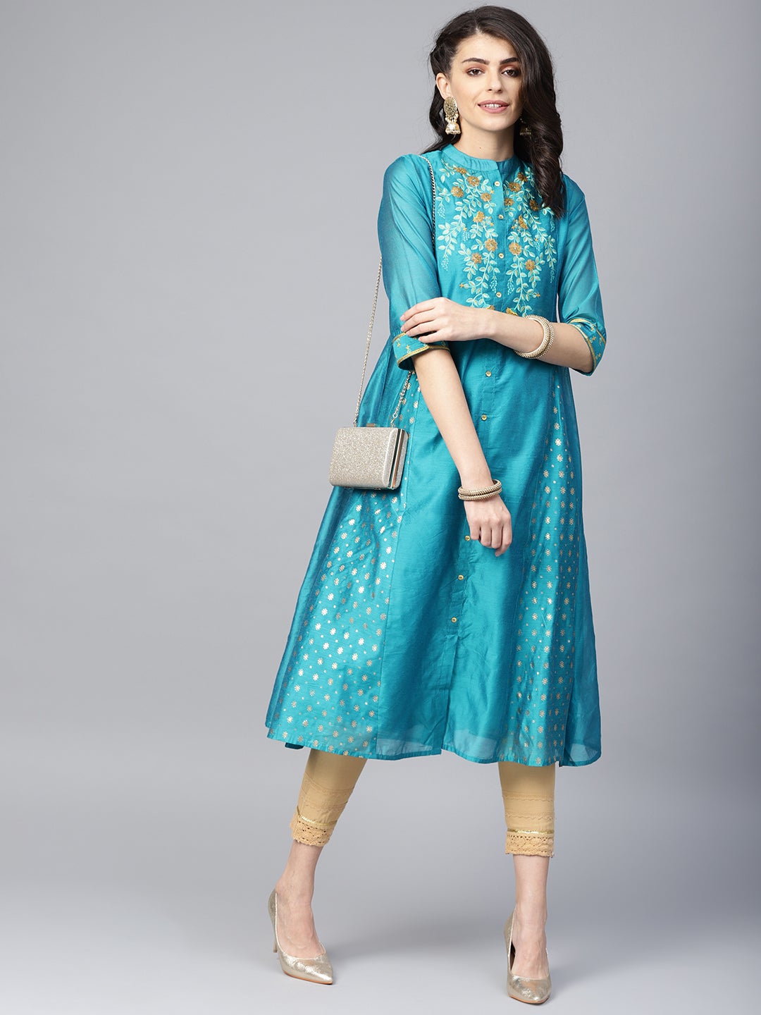 Juniper Teal Chanderi Ethnic Motif Printed with Embroidery Anarkali Women Kurta With Buttons