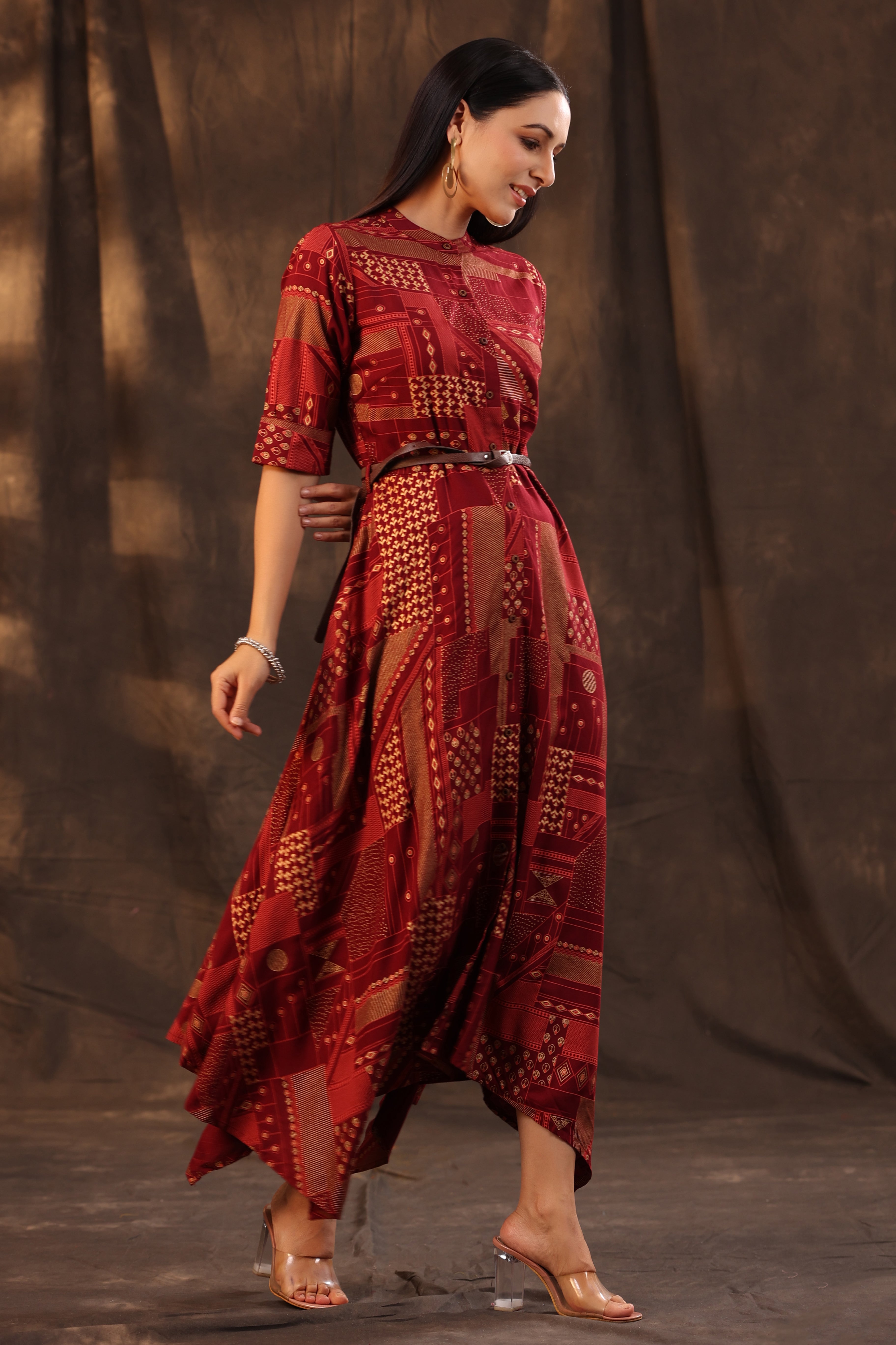 Juniper Maroon LIVA geometric foil printed handkerchief dress