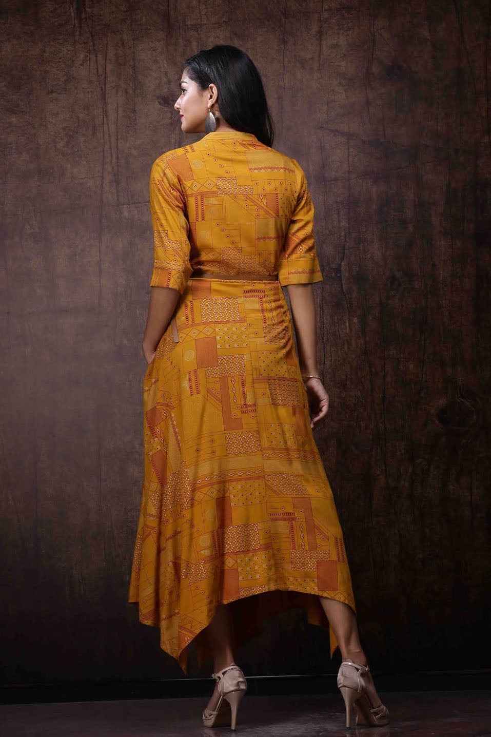 Juniper Mustard LIVA Rayon Printed Asymmetric Dress With Belt