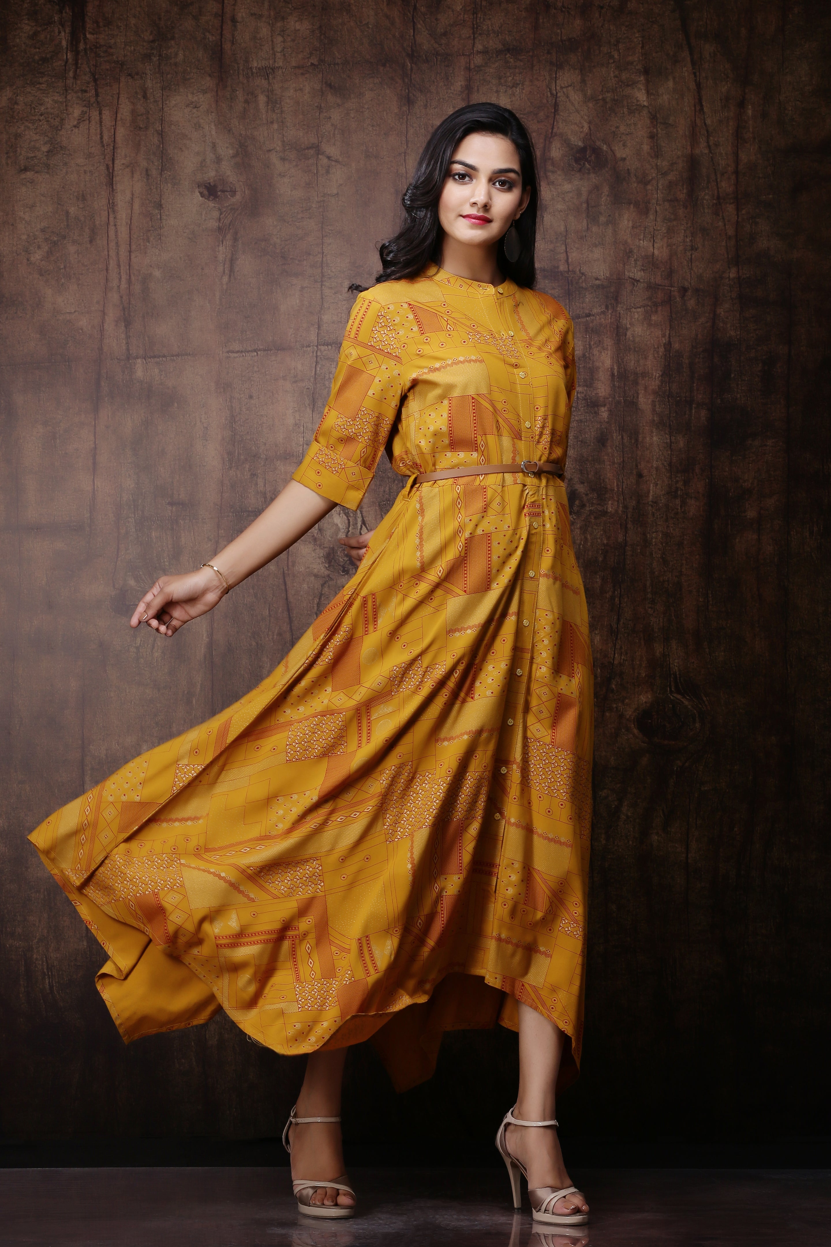 Juniper Mustard Rayon Printed Asymmetric Dress With Belt