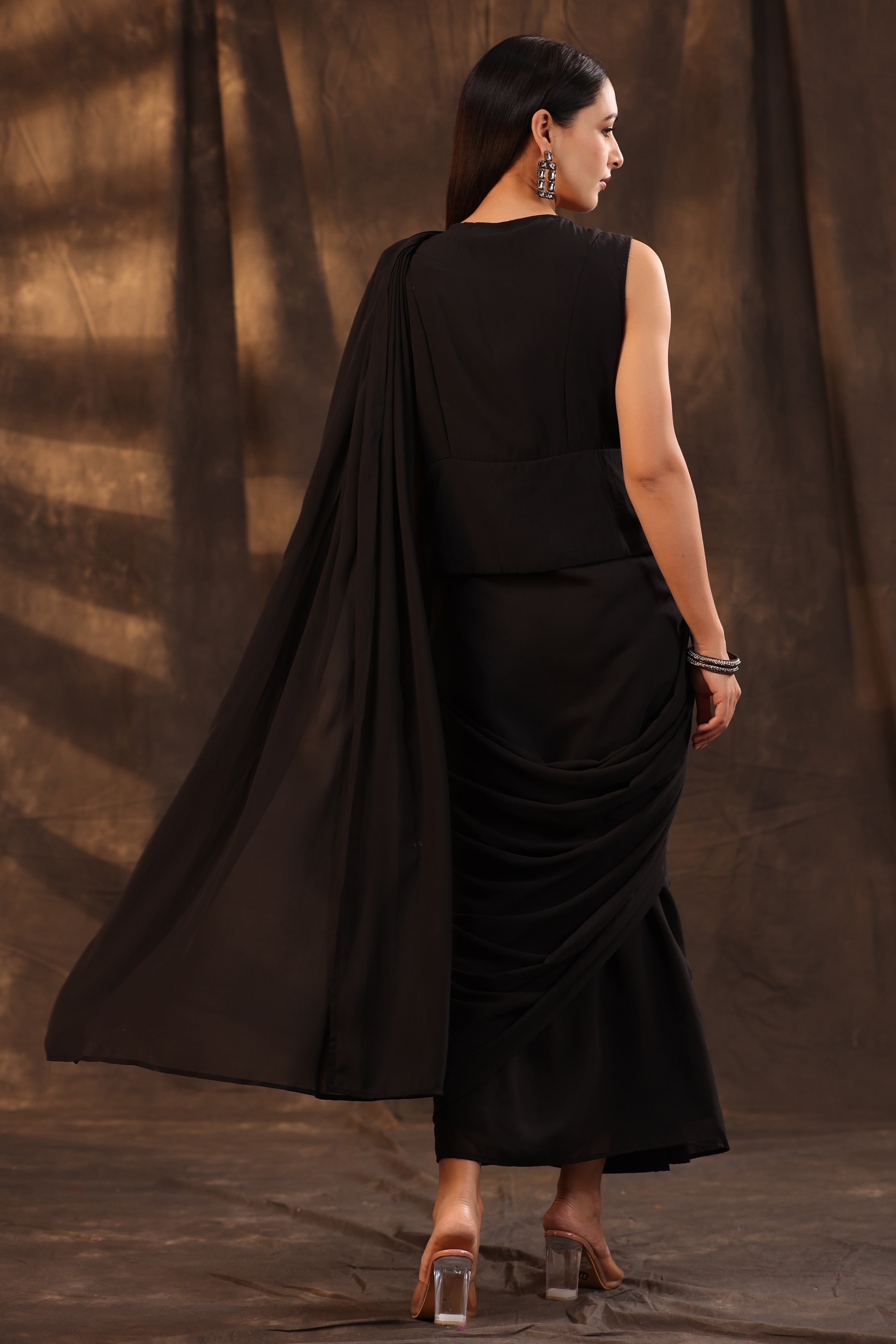 Black Georgette Embellished Saree Style Dress