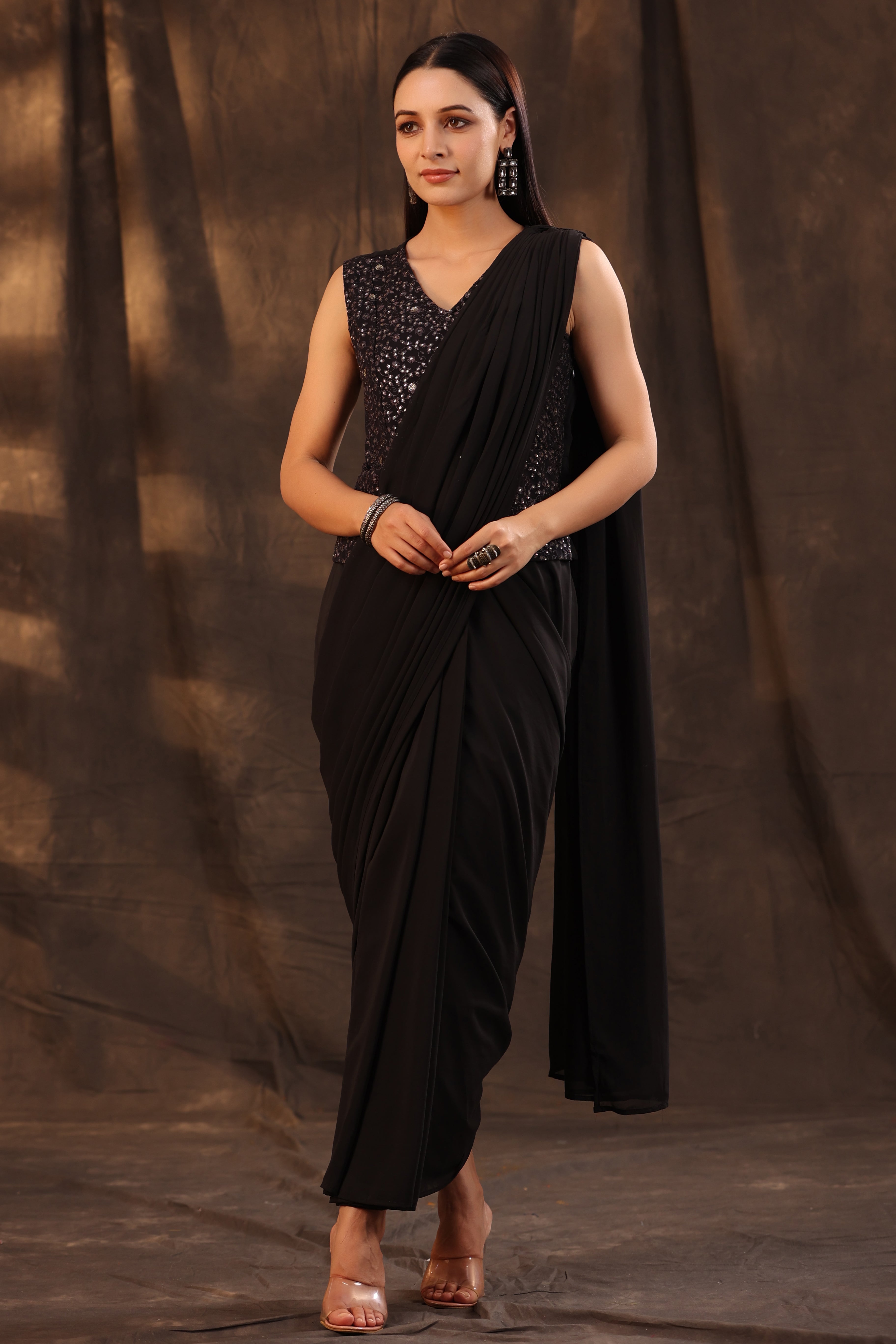 Juniper Black Floral Printed Georgette Embellished Pre-Draped Saree Style Dress With Thread Work Embroidery