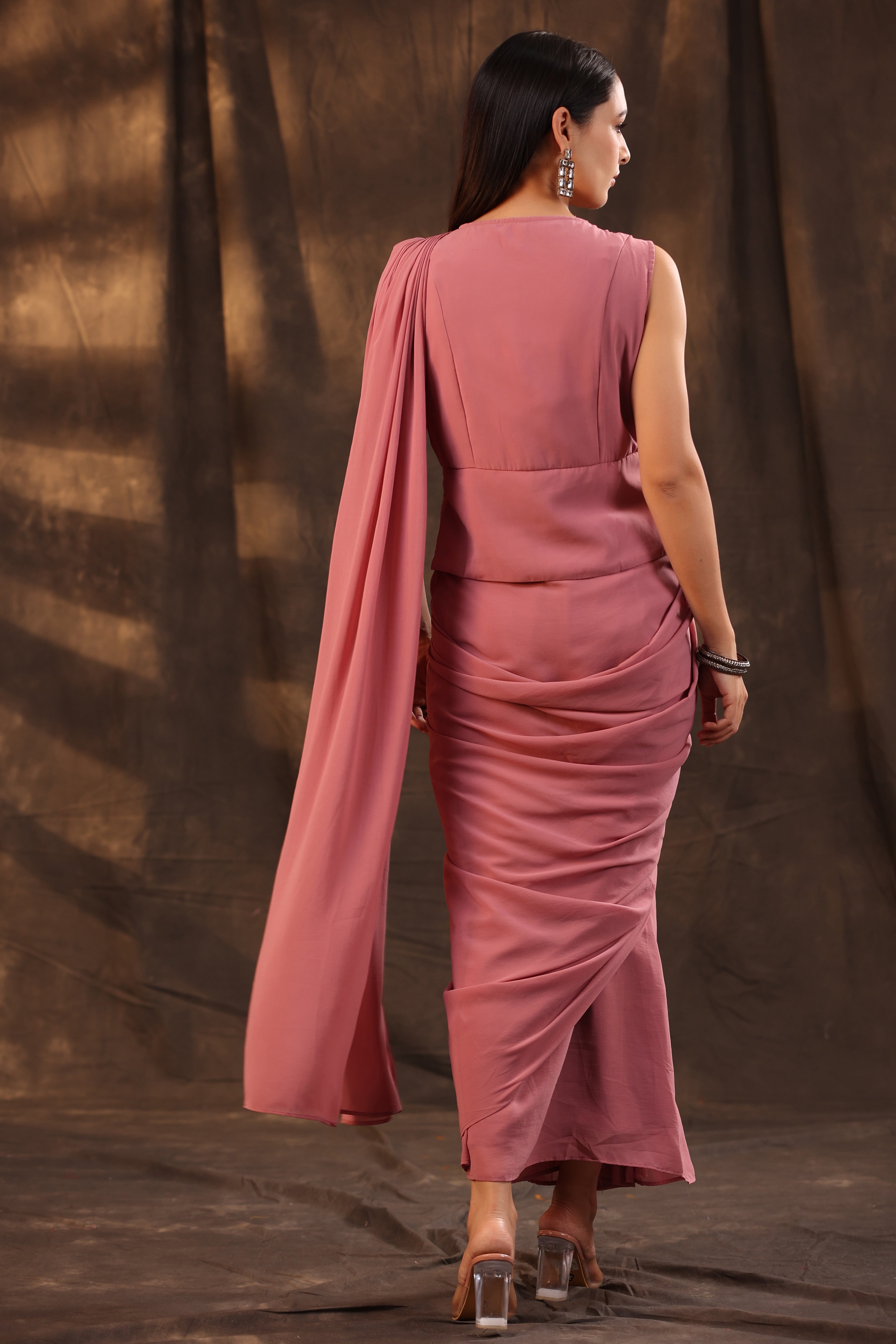 Rosegold Georgette Embellished Saree Style Dress