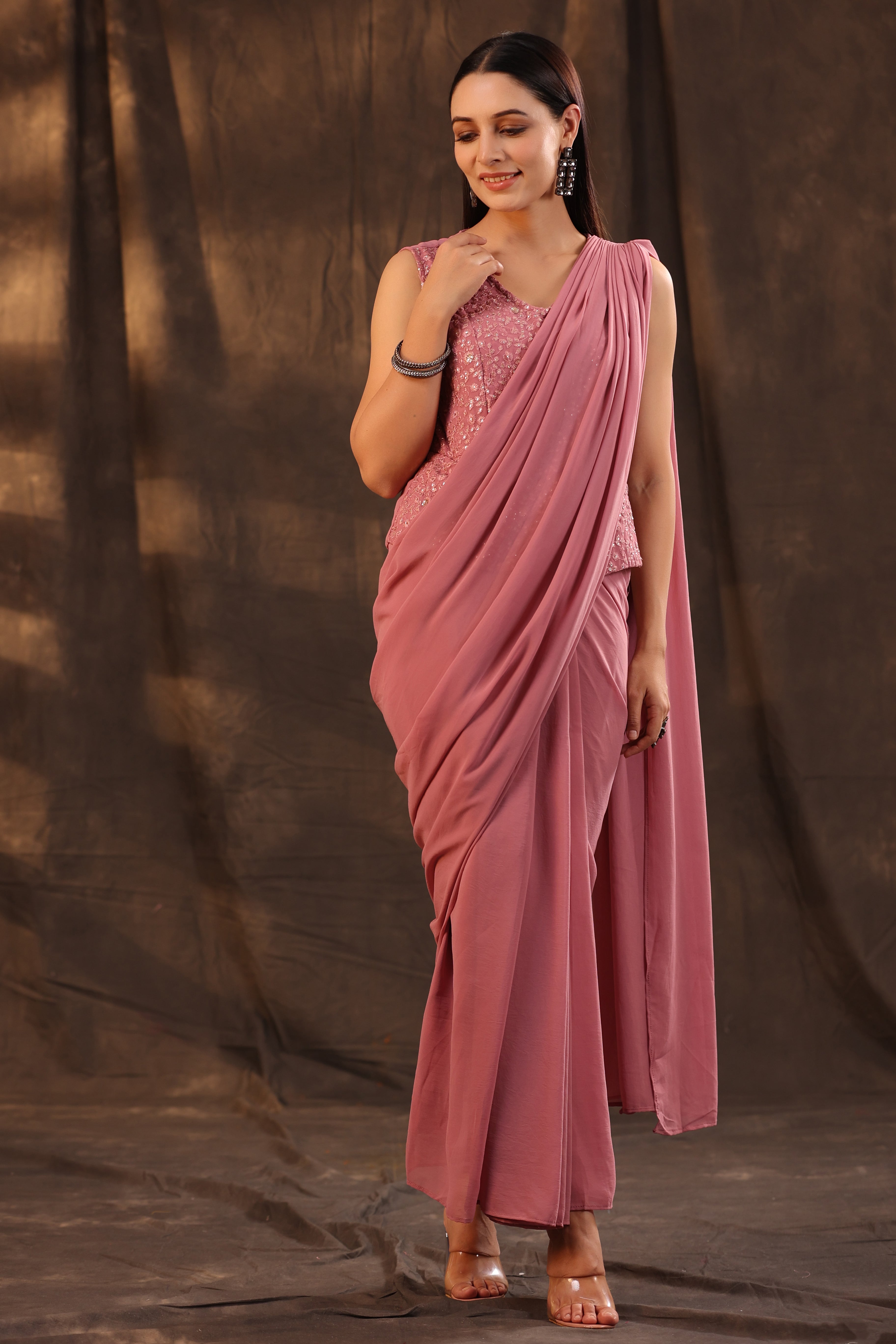 Juniper Rose Gold Floral Printed Georgette Embellished Pre-Draped Saree With Thread Work Embroidery