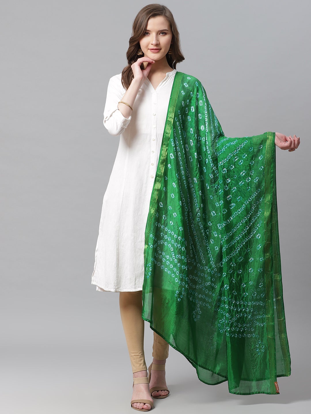 Juniper Green Bandhani Tie-Dye Shantoon Dupatta For Women