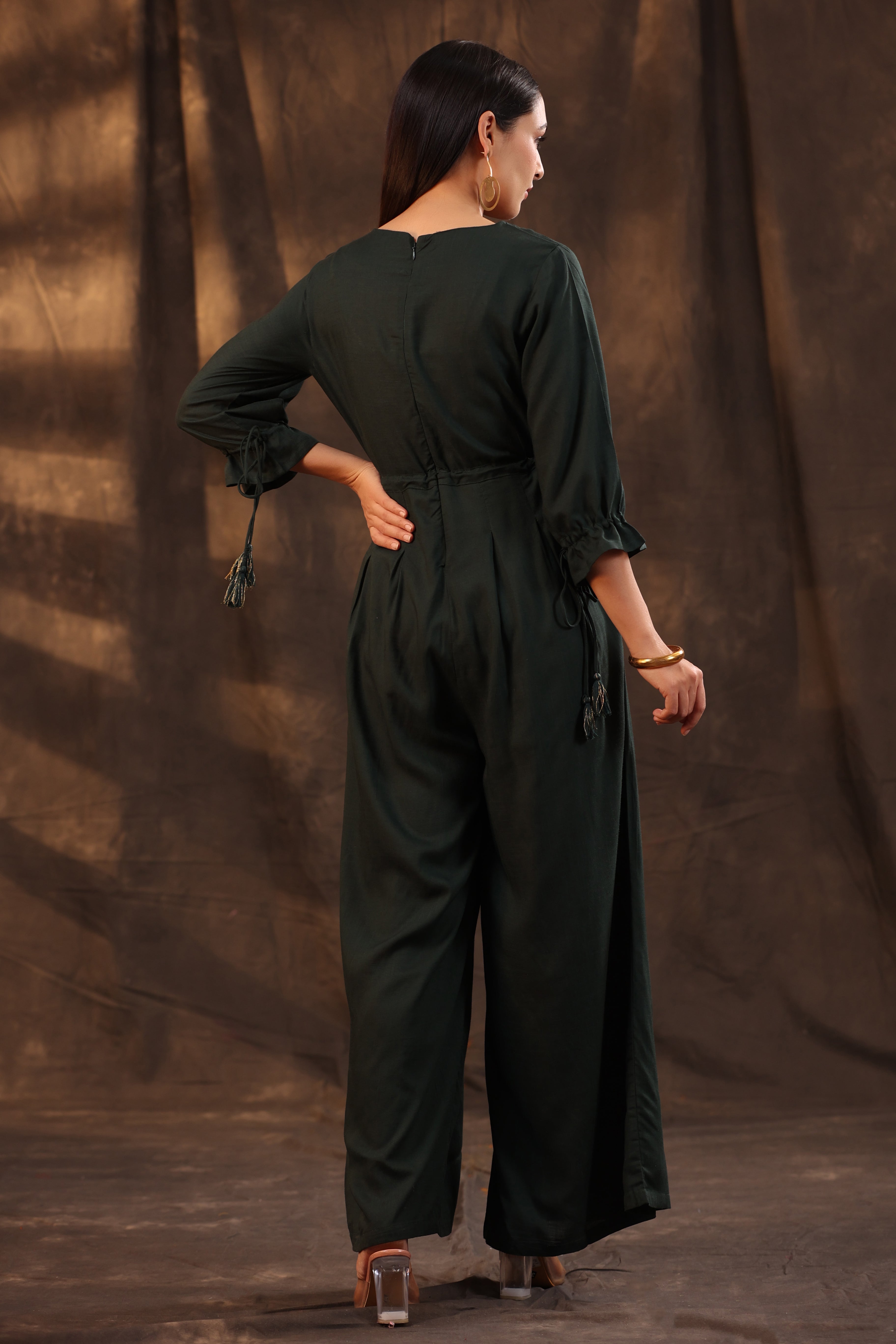 Juniper Women's Jade Green LIVA Rayon Slub Embroidered Jumpsuit