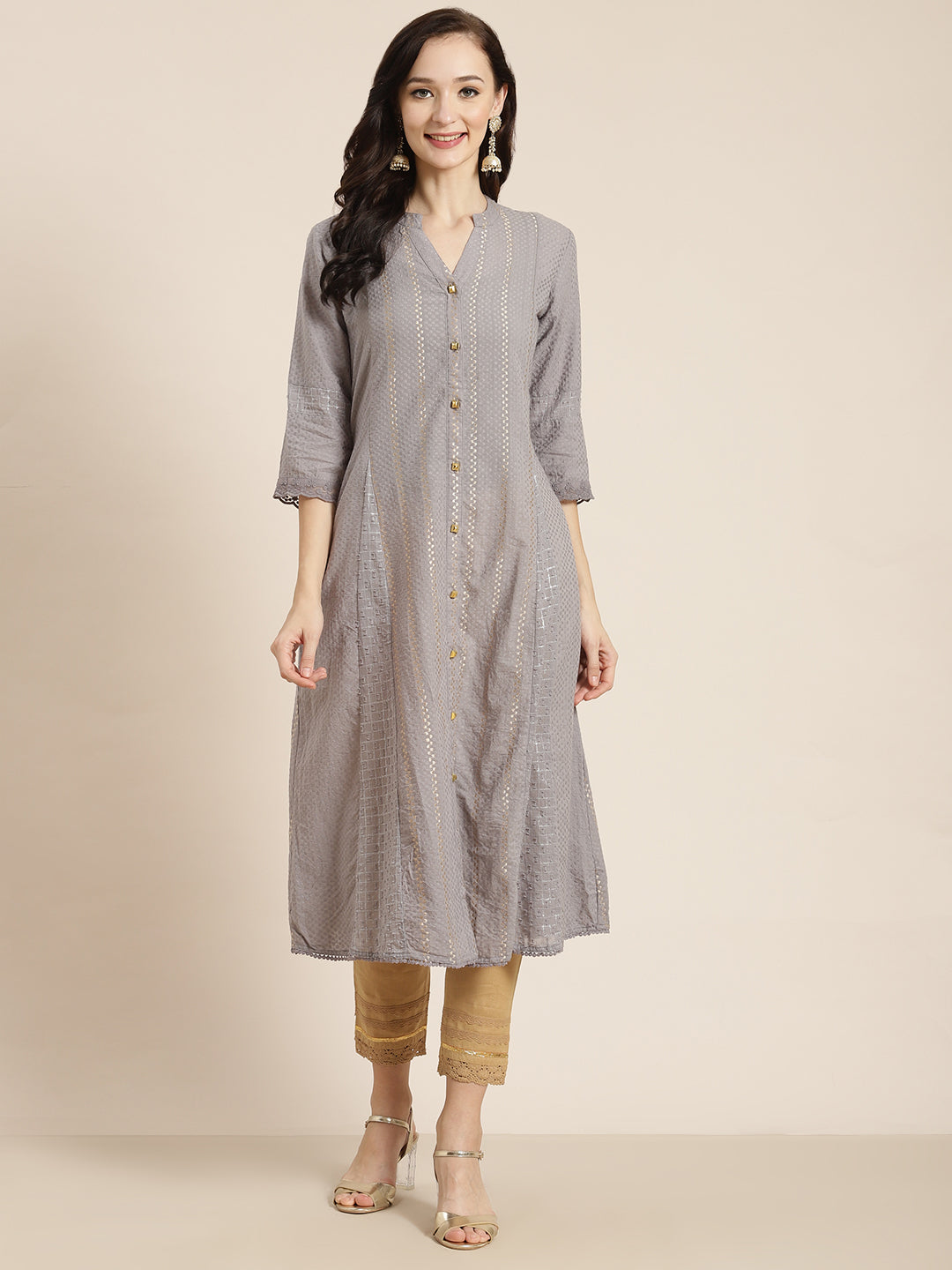 Juniper Grey Solid Cotton Dobby A-Line Kurta With Buttons