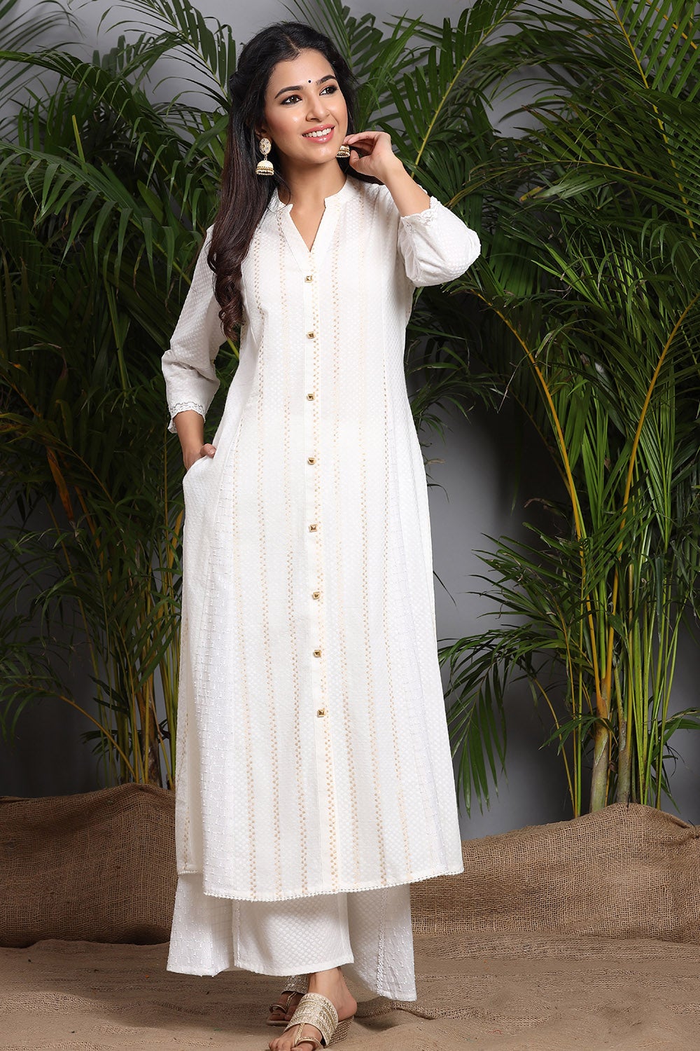 Juniper White Solid Cotton Dobby A-Line Kurta With Buttons