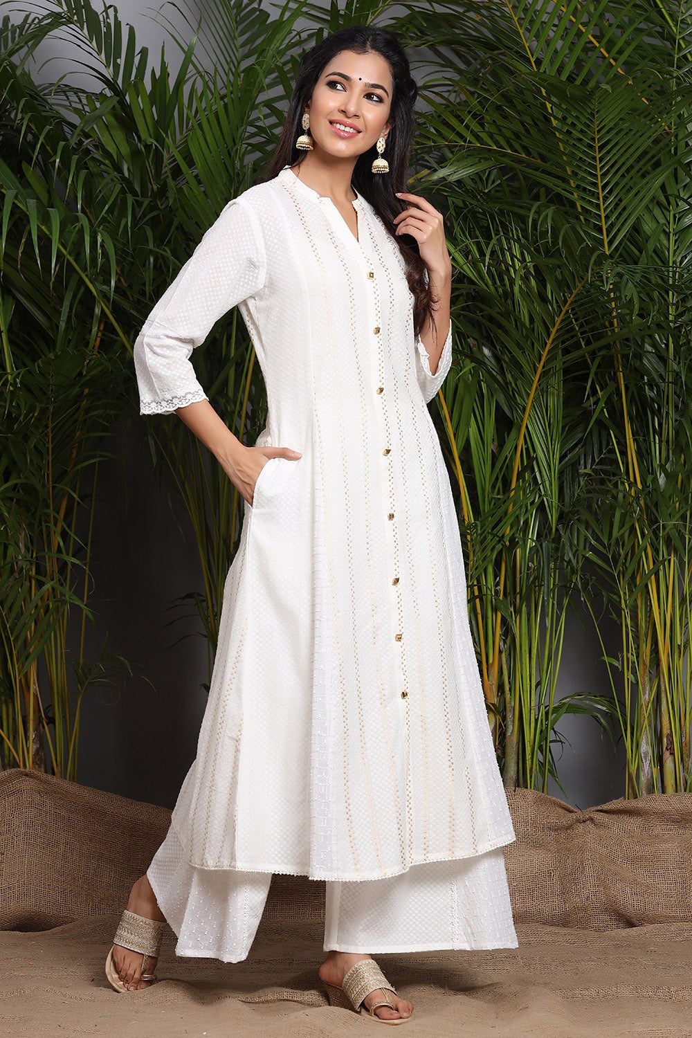 Juniper White Solid Cotton Dobby A-Line Kurta With Buttons
