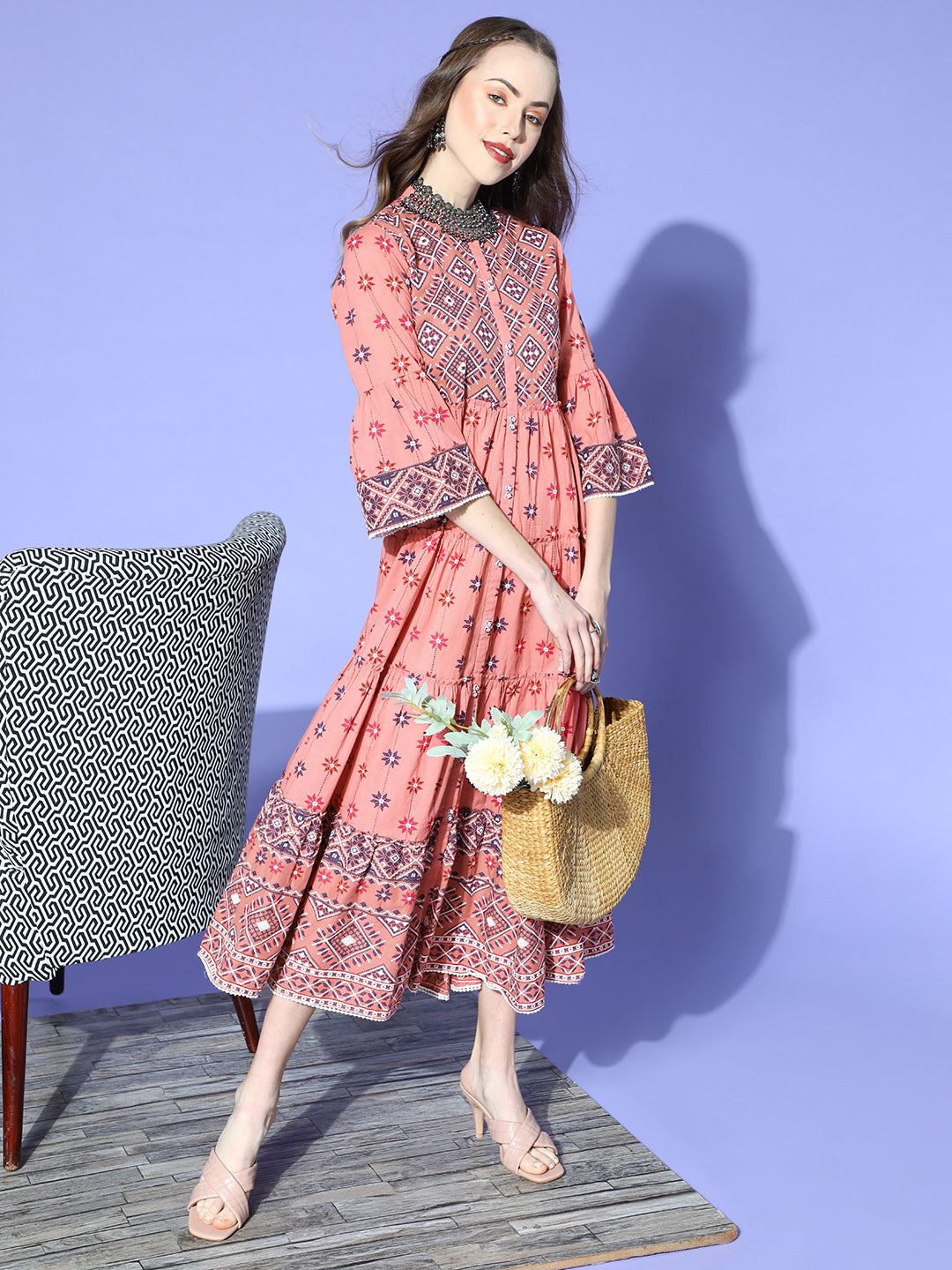 Juniper Women`s Peach Cambric Printed Tiered Dress