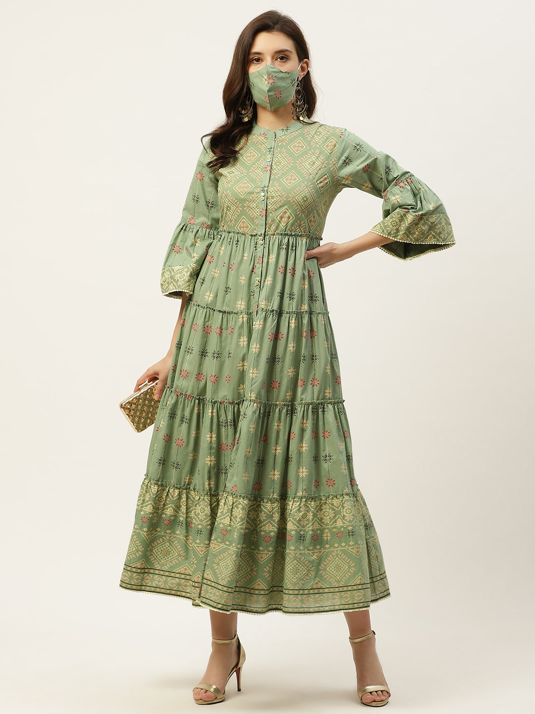 Juniper Women`s PistaGreen Cambric Printed Tiered Dress