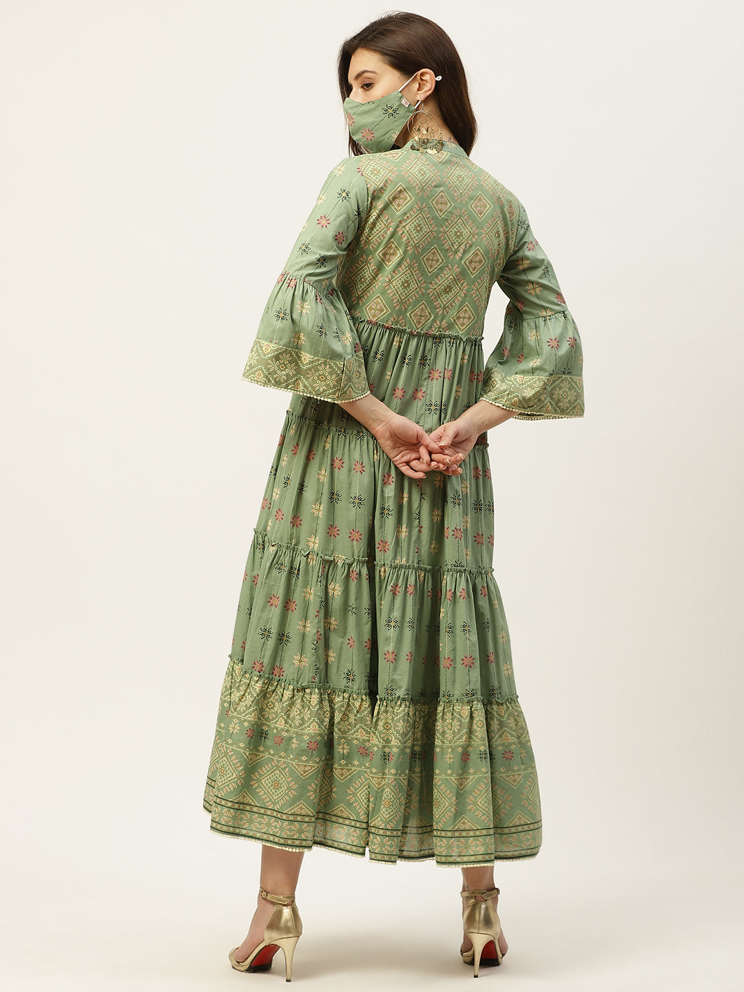 Juniper Women`s PistaGreen Cambric Printed Tiered Dress