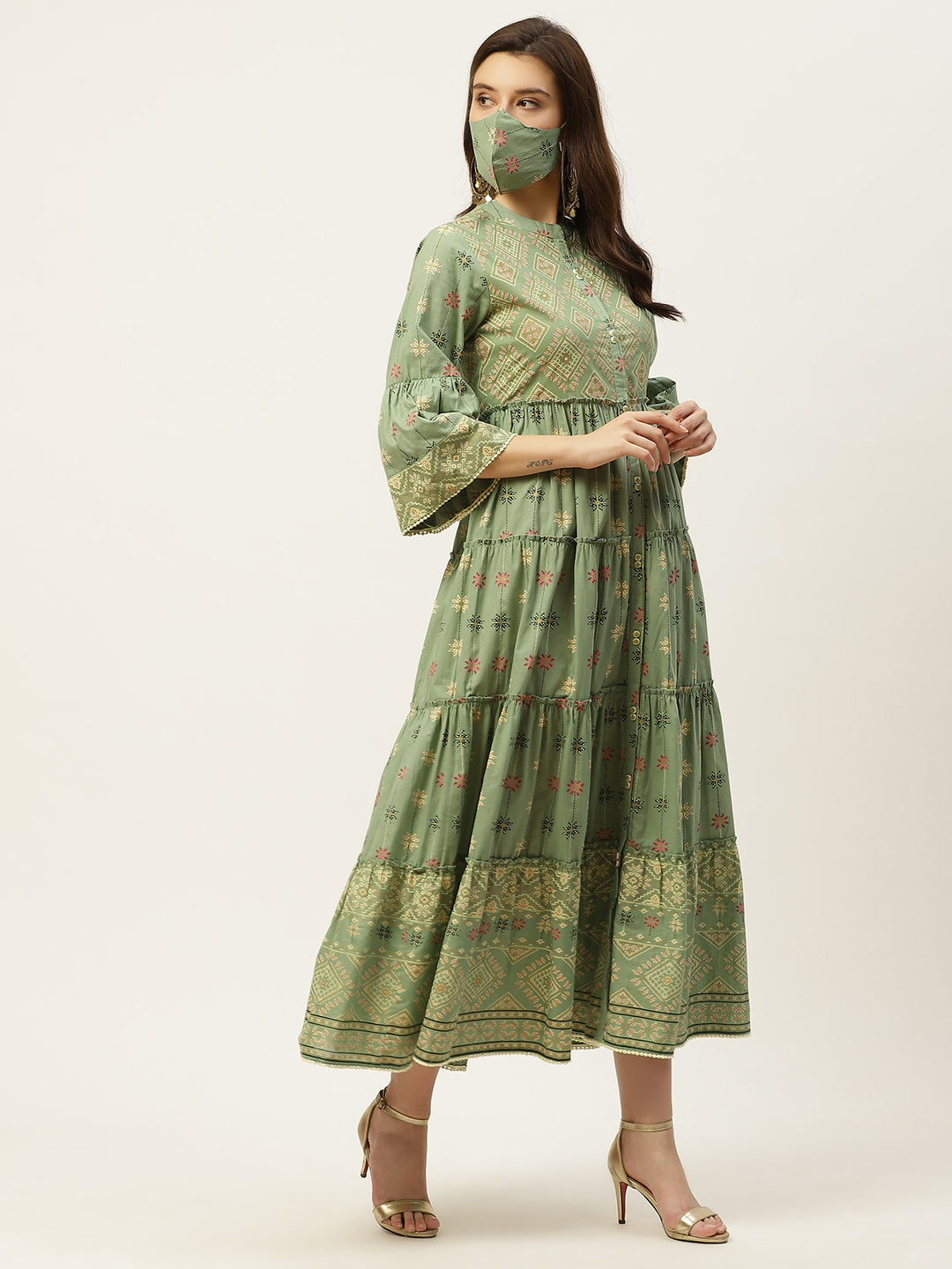 Juniper Women`s PistaGreen Cambric Printed Tiered Dress