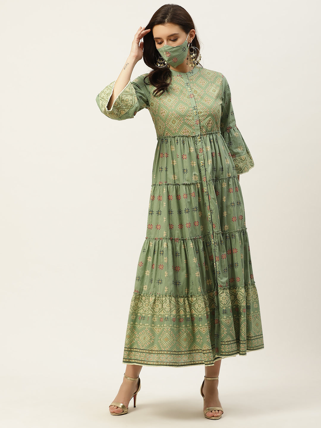 Juniper Women`s PistaGreen Cambric Printed Tiered Dress