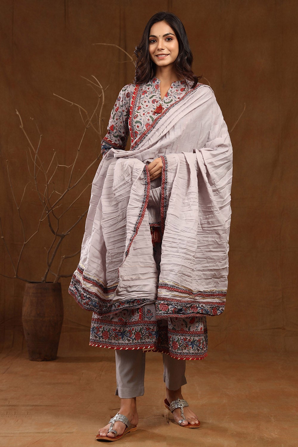 Juniper Grey Cambric & Cotton Flex Printed Flared Kurta Pant Dupatta Set