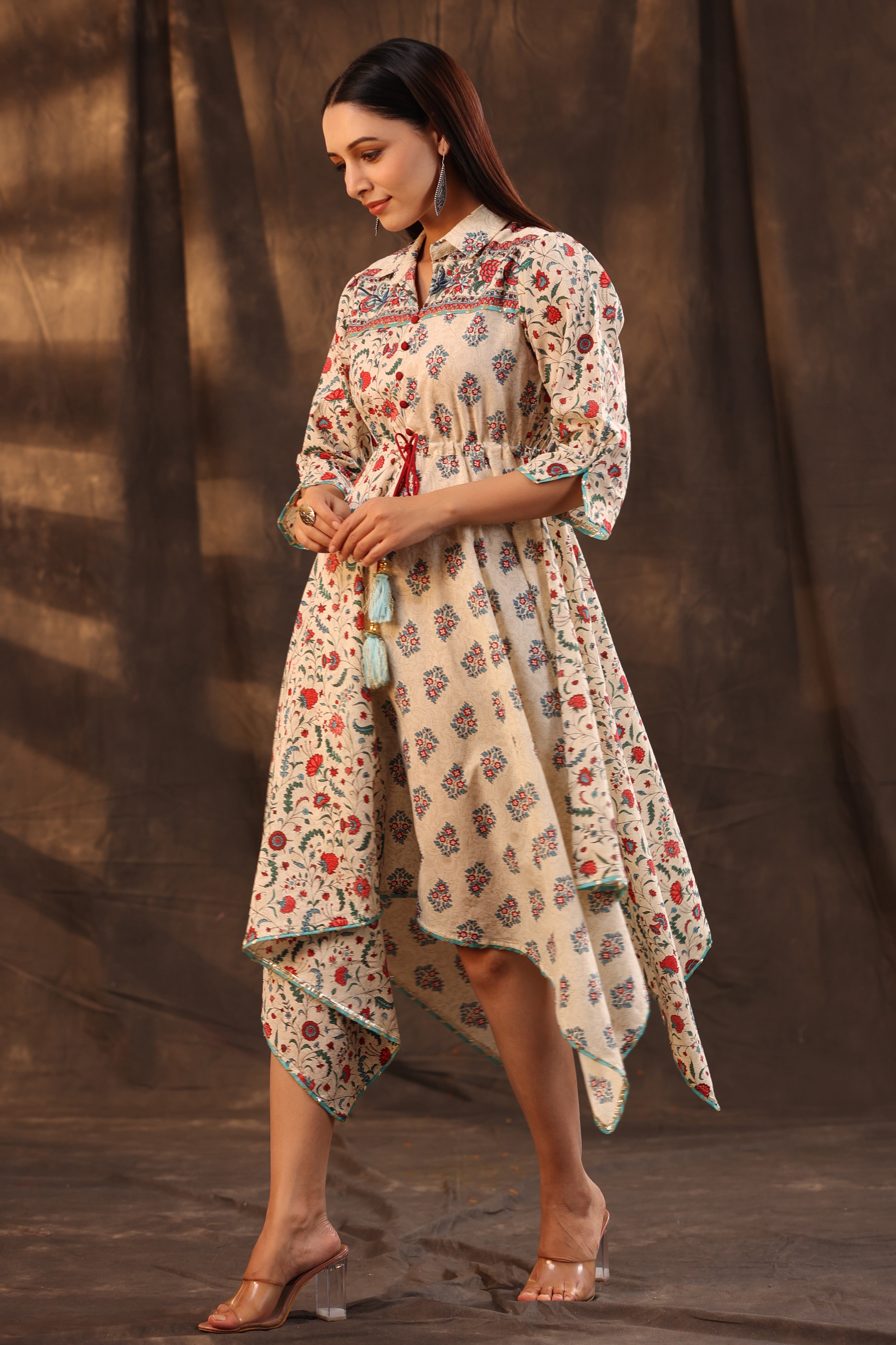 Juniper Beige Cambric Floral Print Asymmetric Dress With Mask