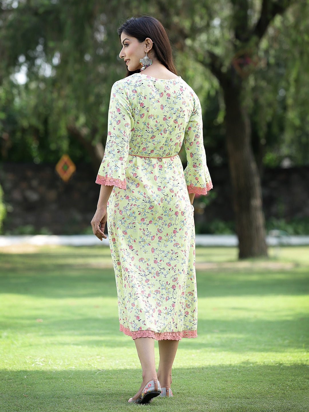 Juniper Lime Green Floral Printed Cotton Lacy Jacket Style Kurta With Thread Work & Dori At Waist