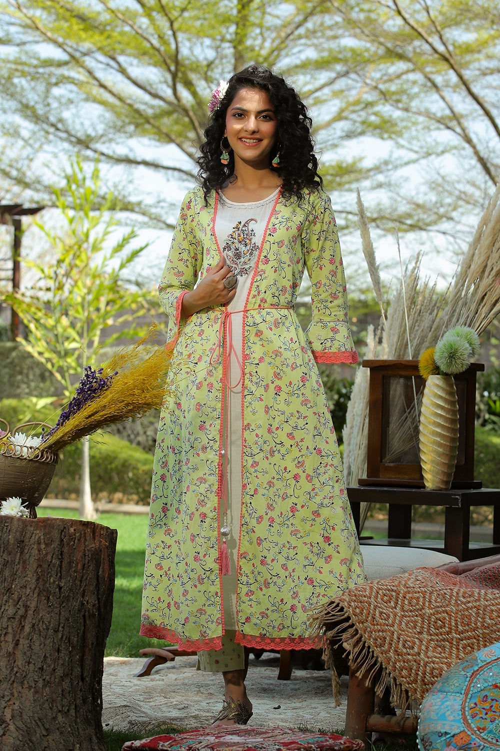 Juniper Lime Green Floral Printed Cotton Lacy Jacket Style Kurta With Thread Work & Dori At Waist
