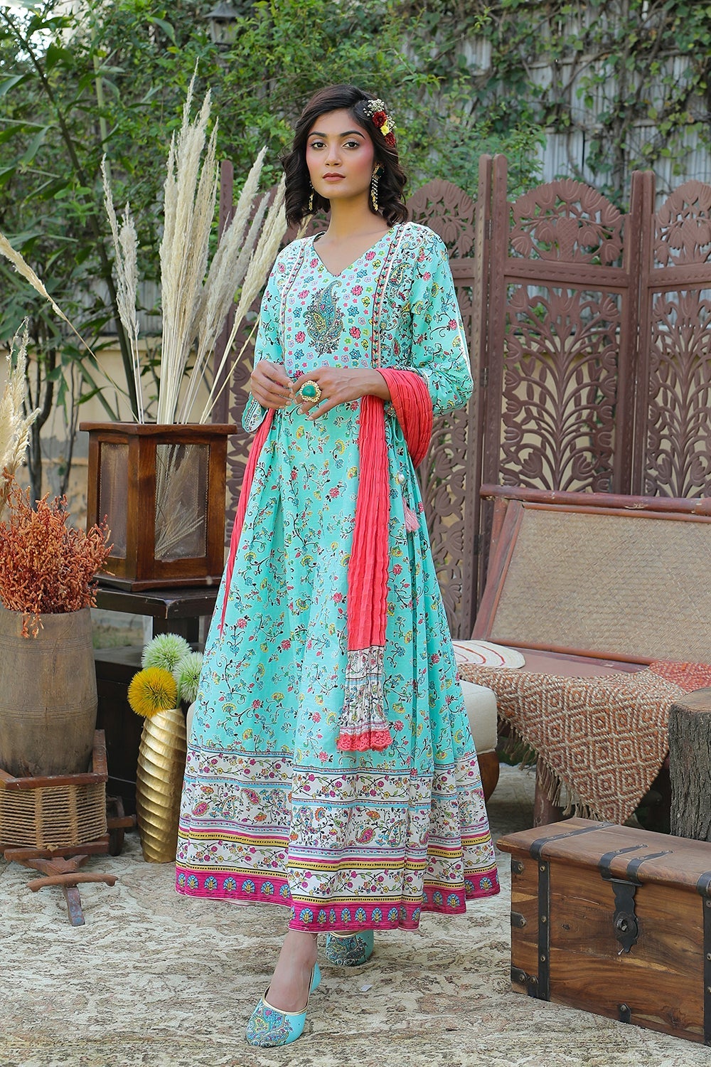 Juniper Aqua Floral Printed Anarkali Lacy Dress & Contrast Dupatta With Side Dori Tie-Up & Tassels At Waist