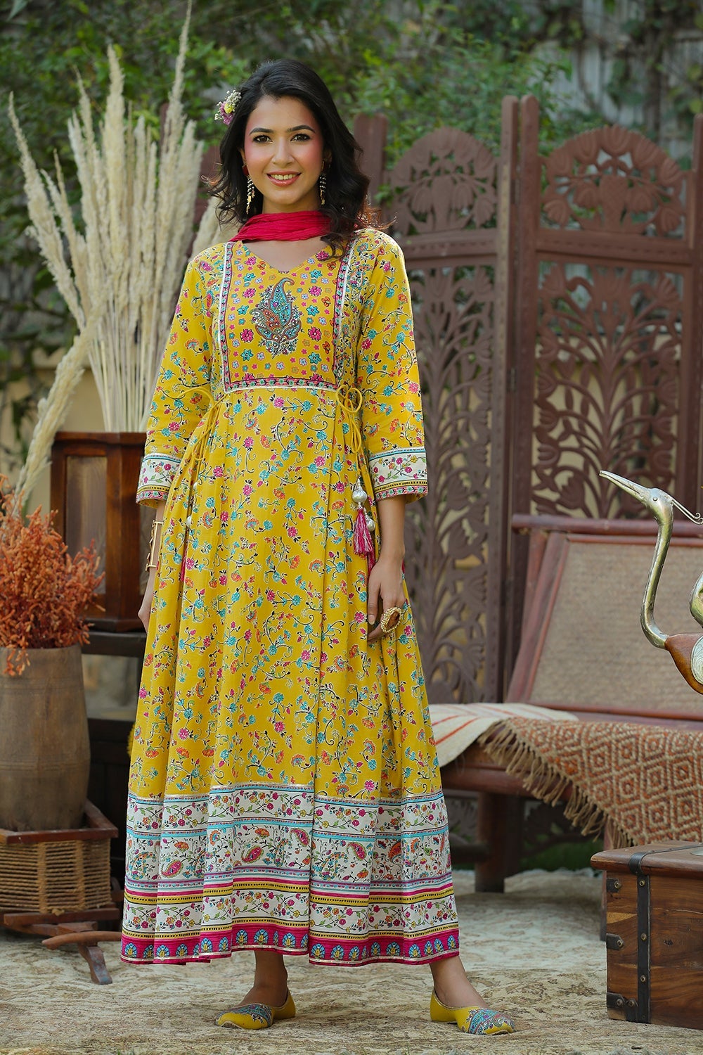 Juniper Yellow Cambric Floral Print Anarkali Dress & Dupatta Set