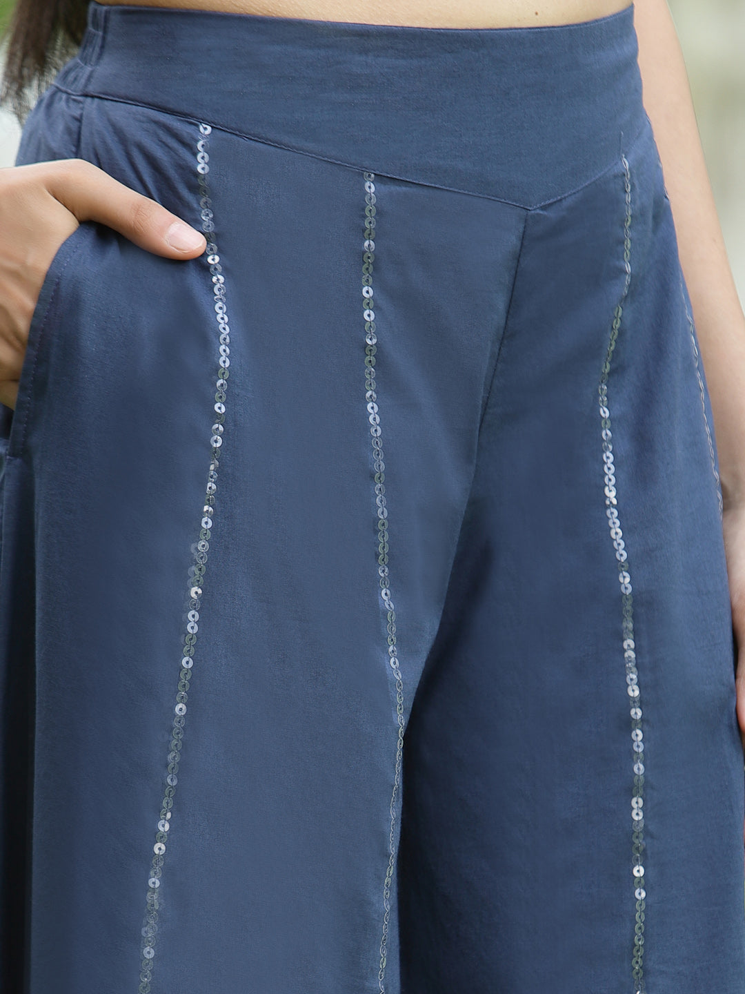 Juniper Women`s Indigo Cambric Printed High-Low Kurta Sets