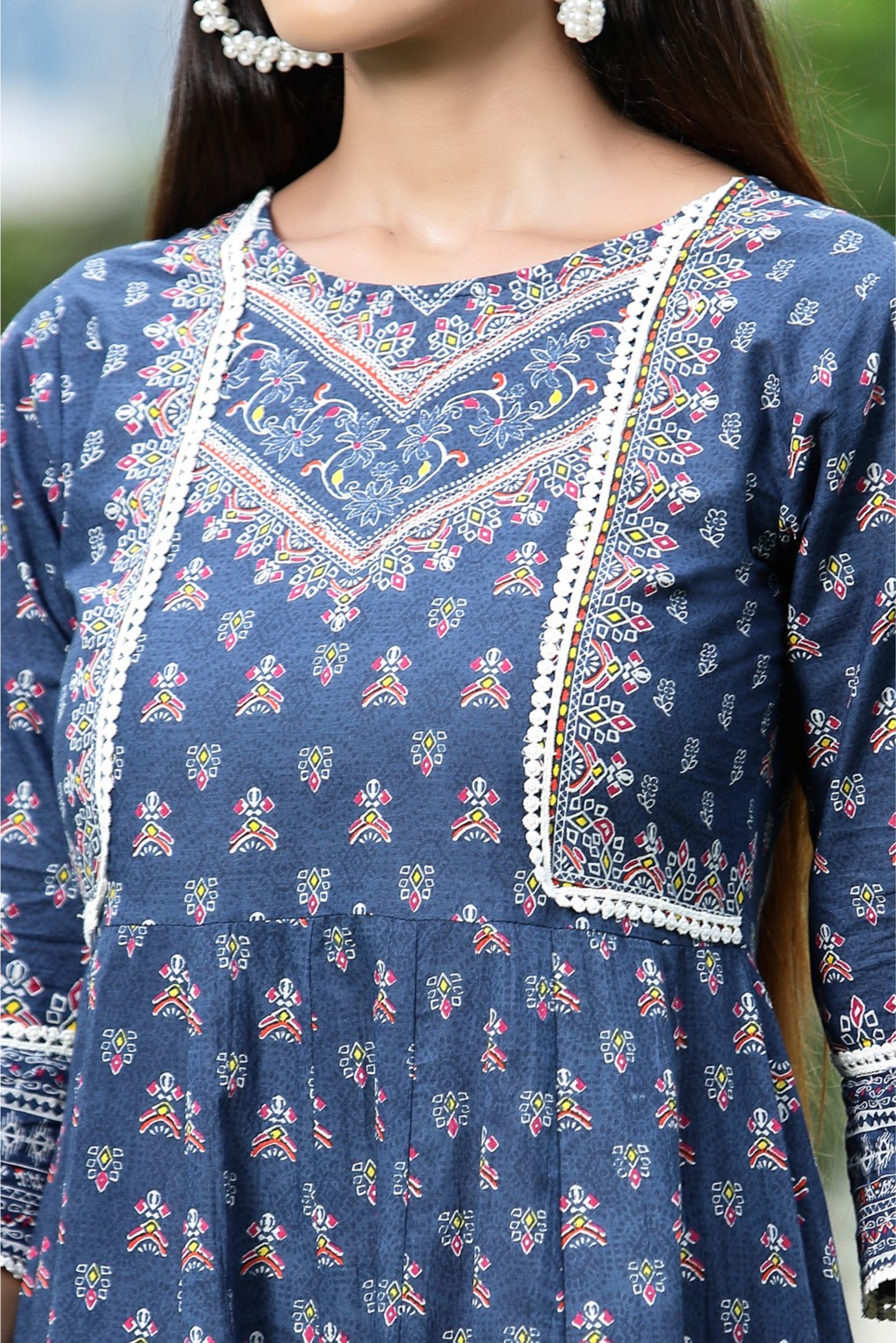 Juniper Women's Indigo Cambric Floral Print Anarkali Kurta Dress