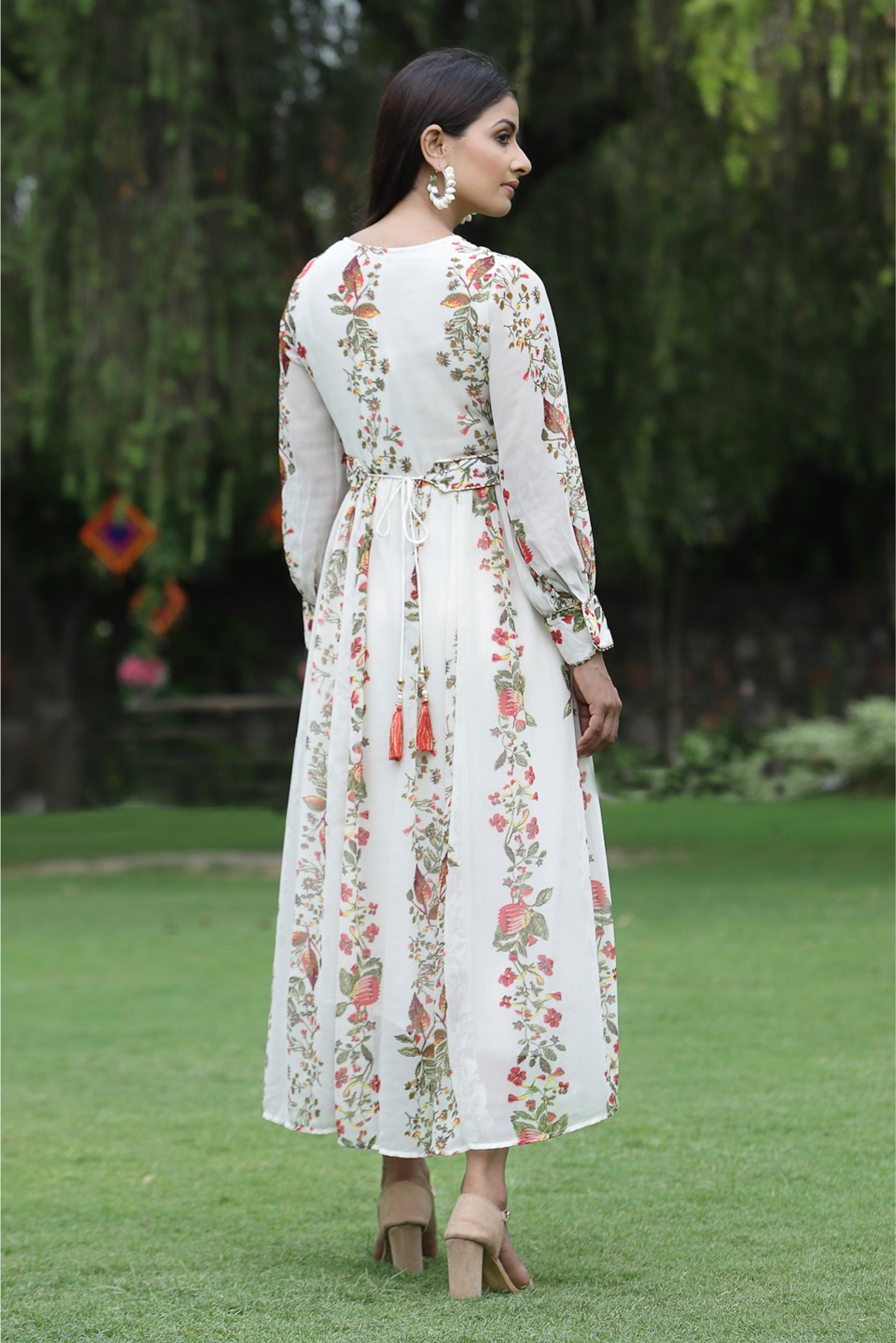 Juniper Off-White Floral Printed Chiffon Flared Maxi Dress.