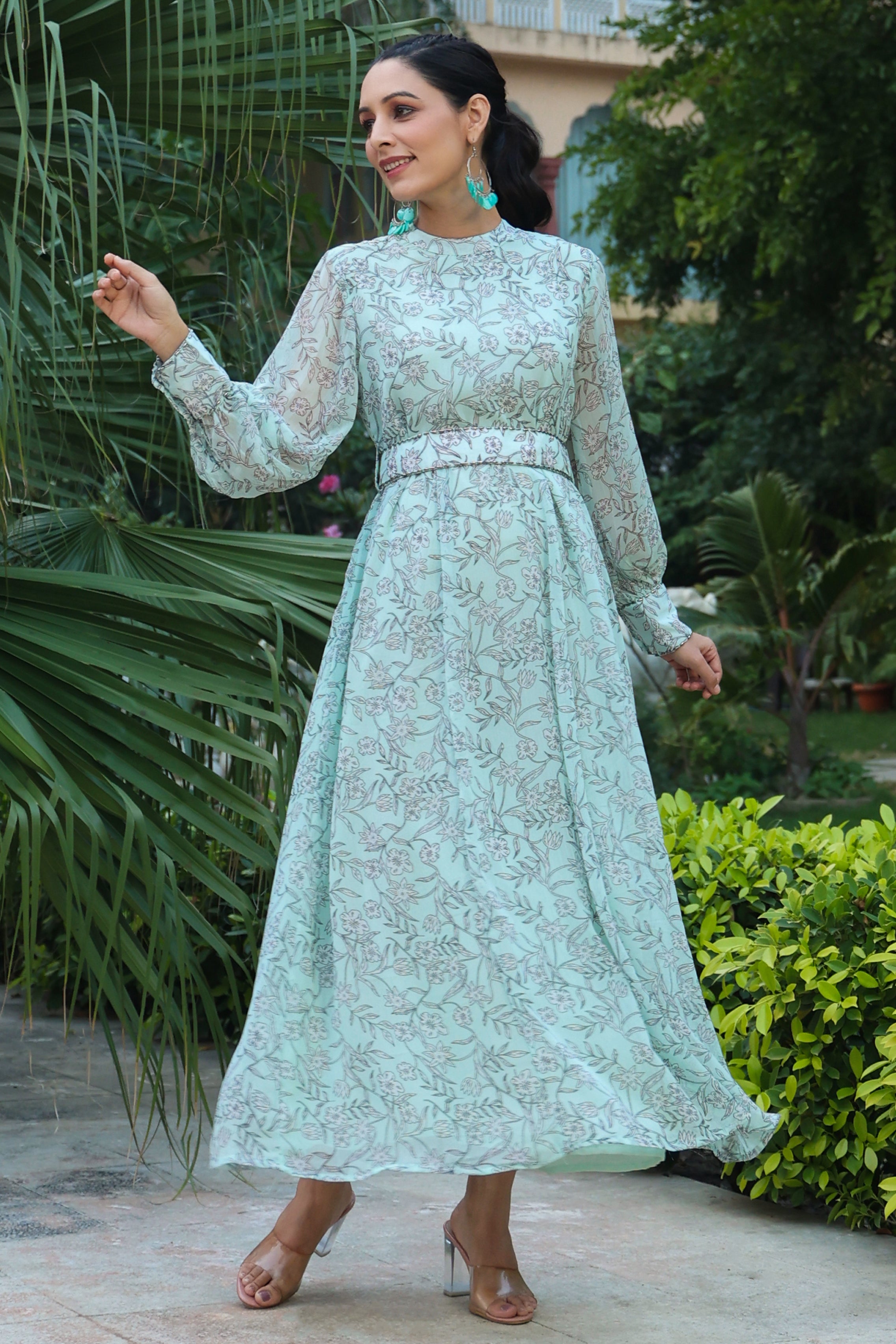 Buy Juniper Sagegreen Alphin Chiffon Flared Printed Dress With Tie-up Blet  Online in India