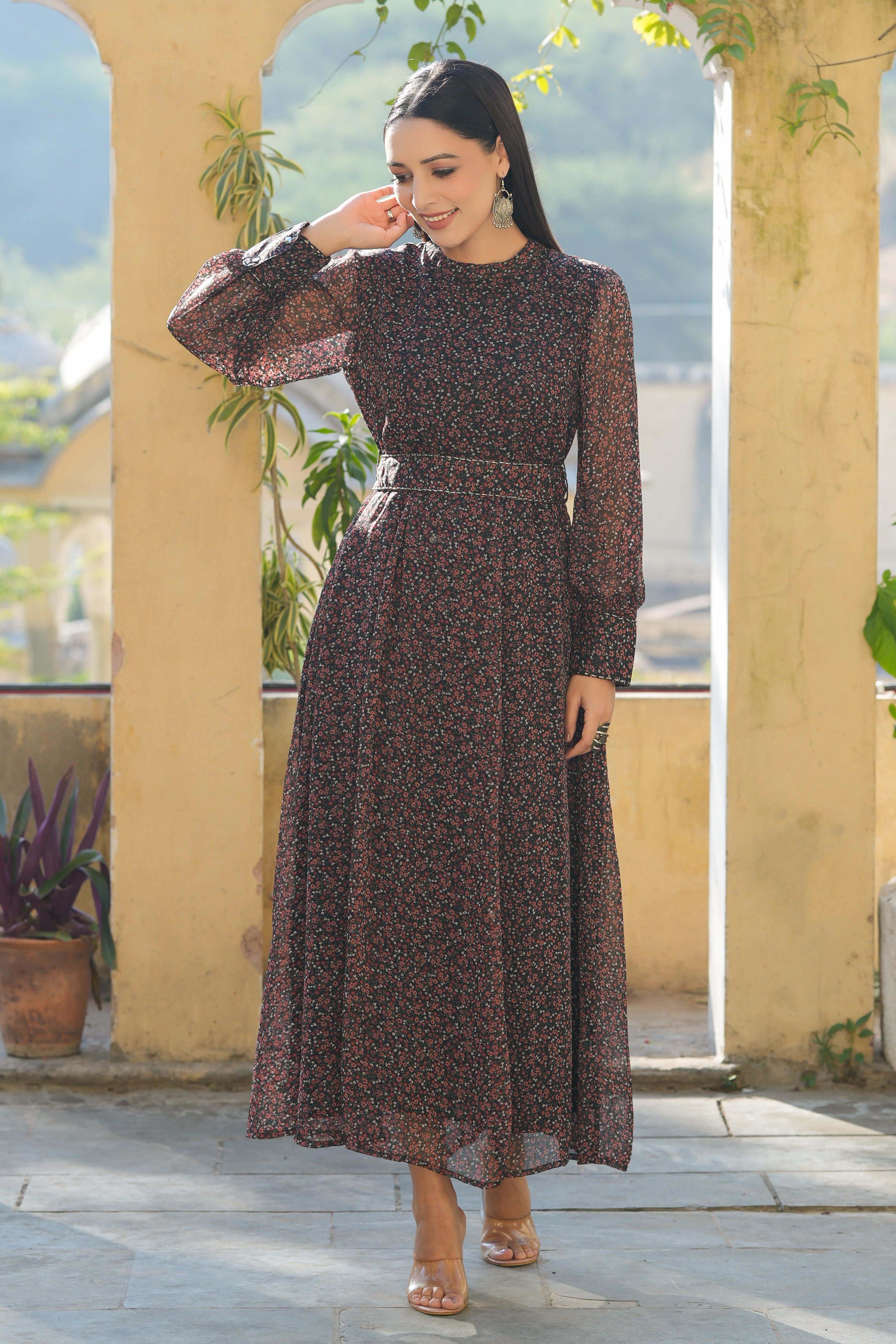 Juniper Black Floral Printed Chiffon Flared Maxi Dress With Buttons.