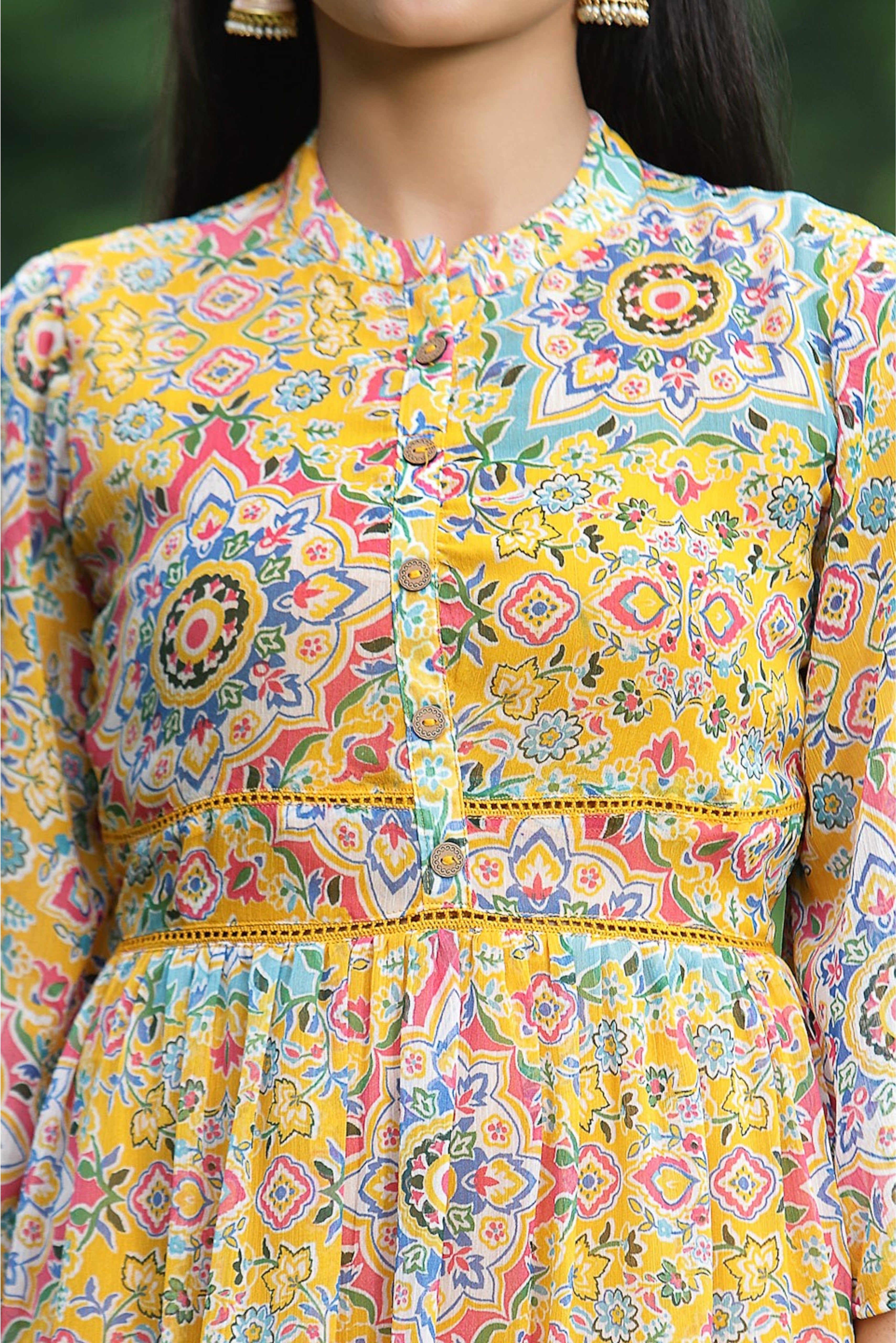Juniper Mustard Chiffon Printed Tiered Dress