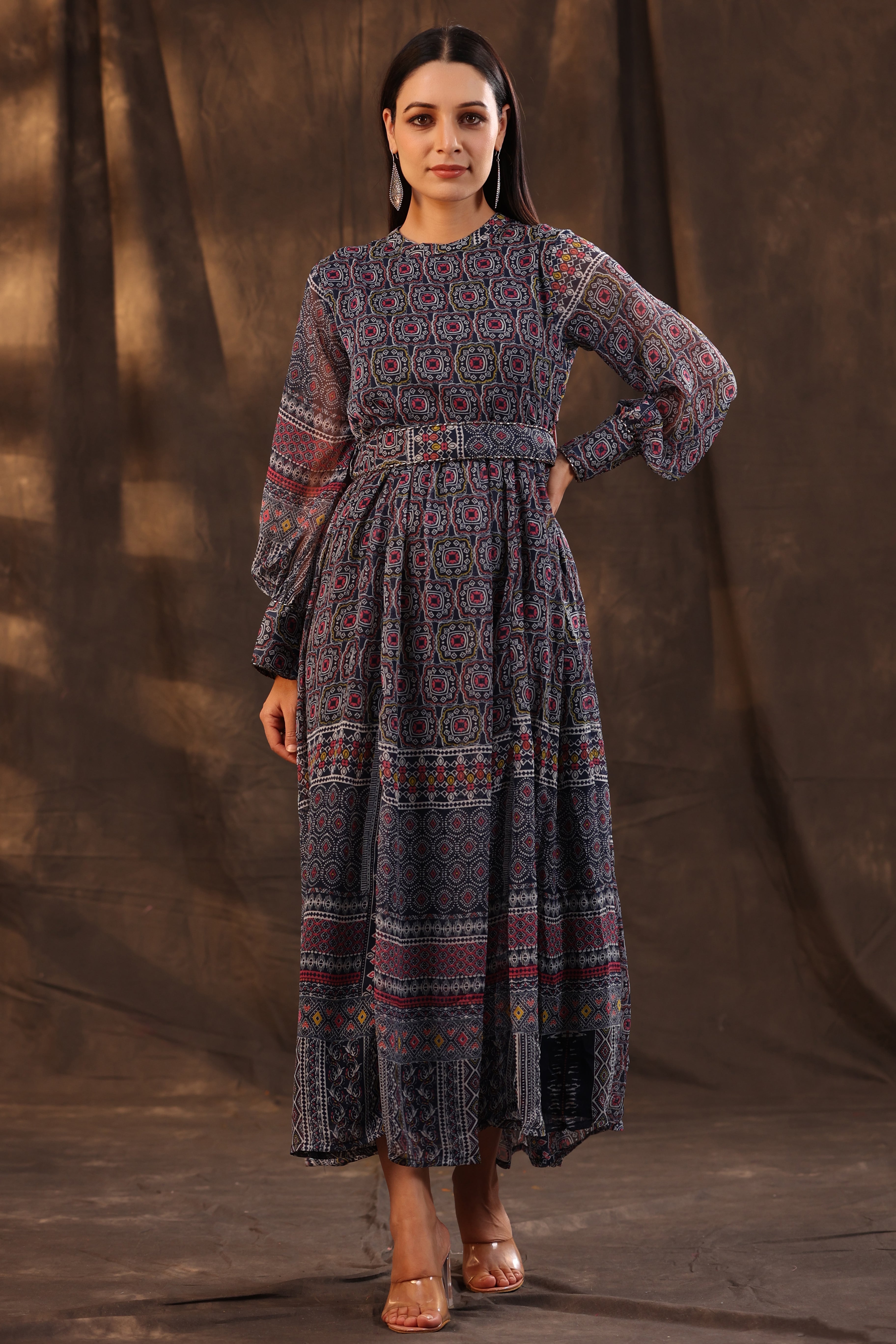 Juniper Navy Blue Geometric Printed Chiffon Flared Maxi Dress With Buttons.