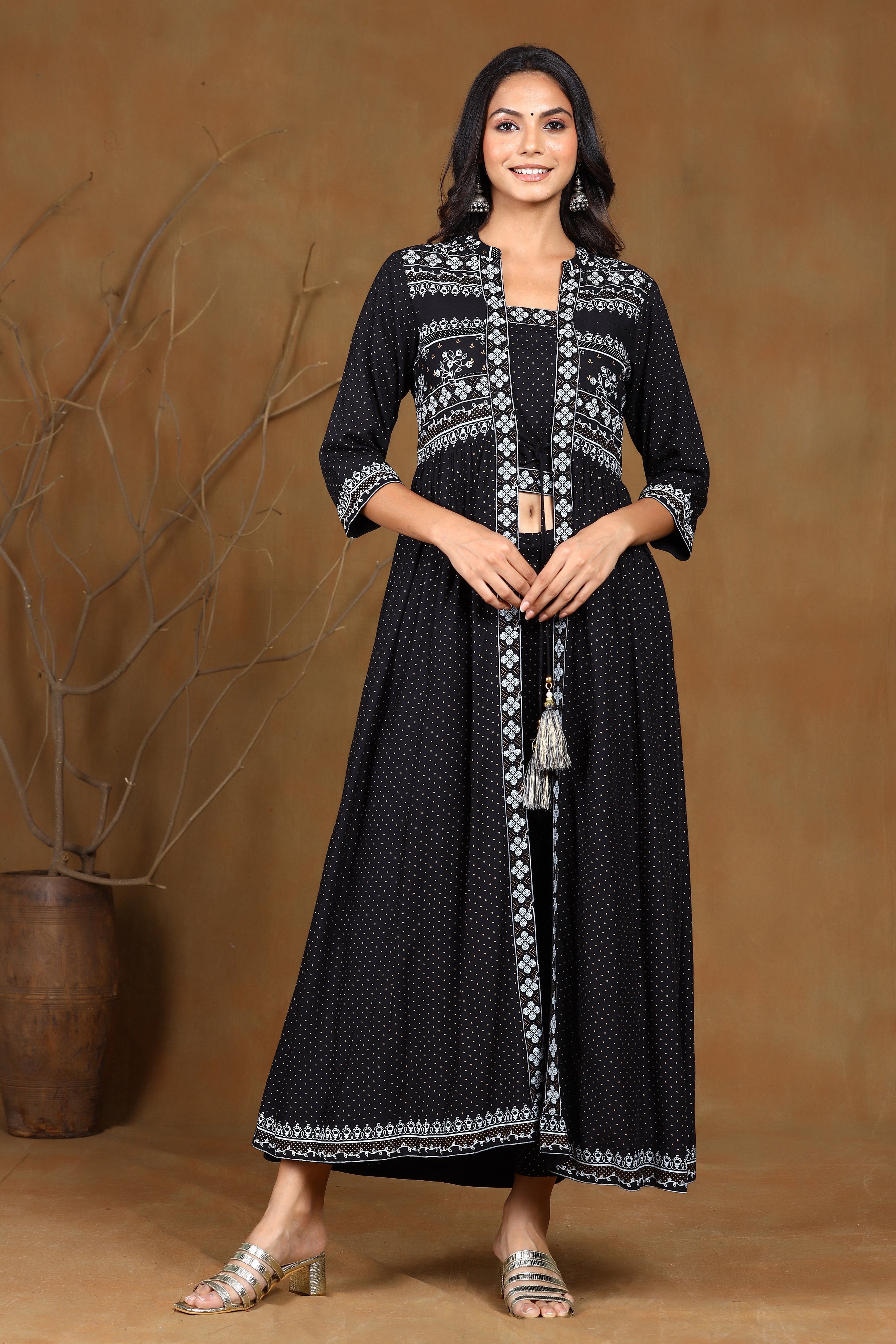 Navy Blue Embroidered Tiered Kurta With JAcket Latest 830KR01