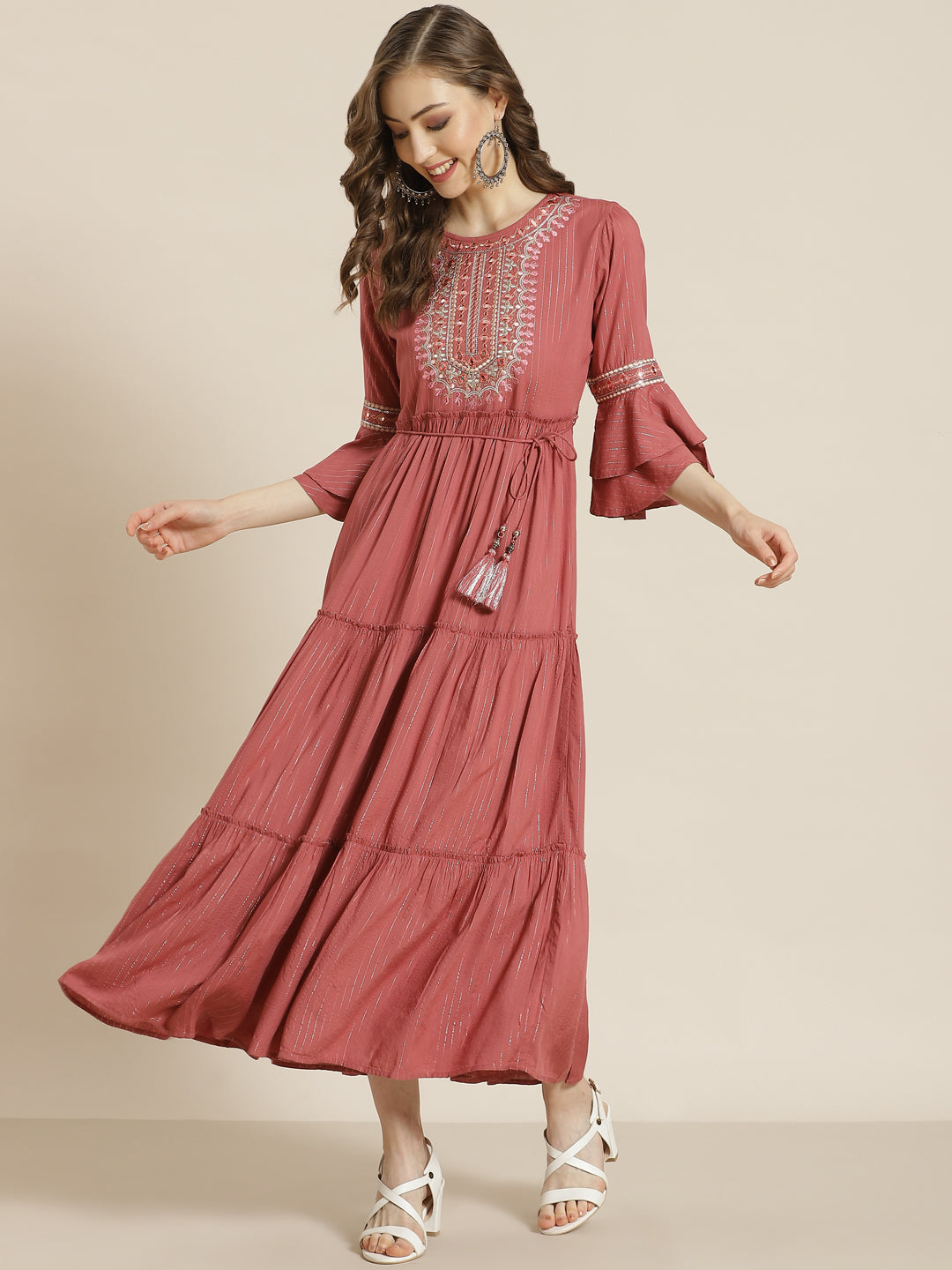 Juniper Rosepink LIVA Rayon Embroidered Tiered Dress