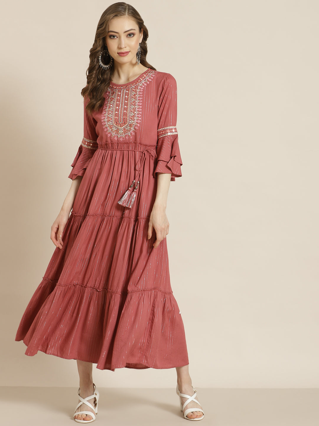 Juniper Rosepink LIVA Rayon Embroidered Tiered Dress