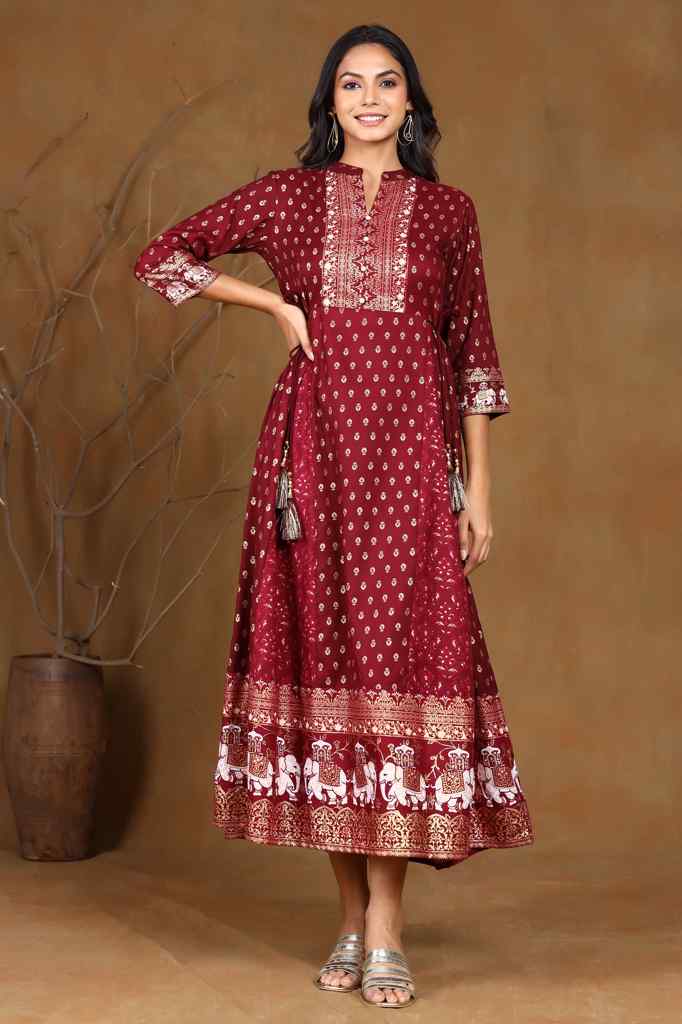 Juniper Wine Rayon Printed Anarkali Dress