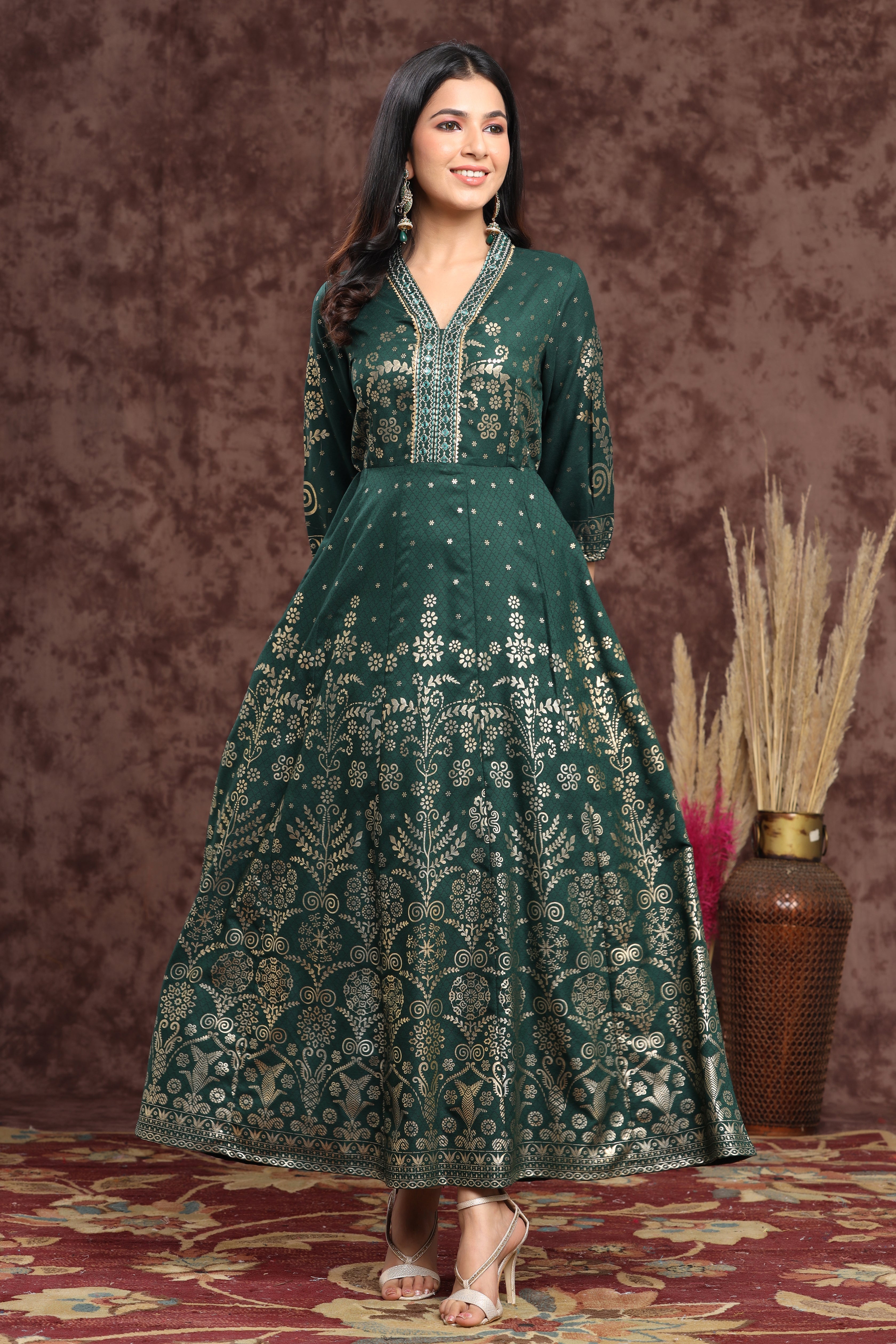 Juniper Jadegreen Rayon Printed Anarkali Dress