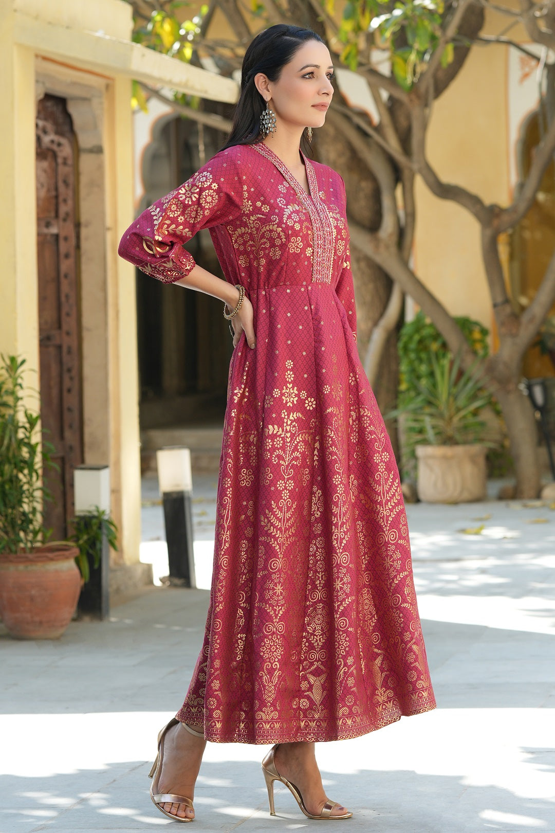 Juniper Maroon Rayon Printed Anarkali Dress